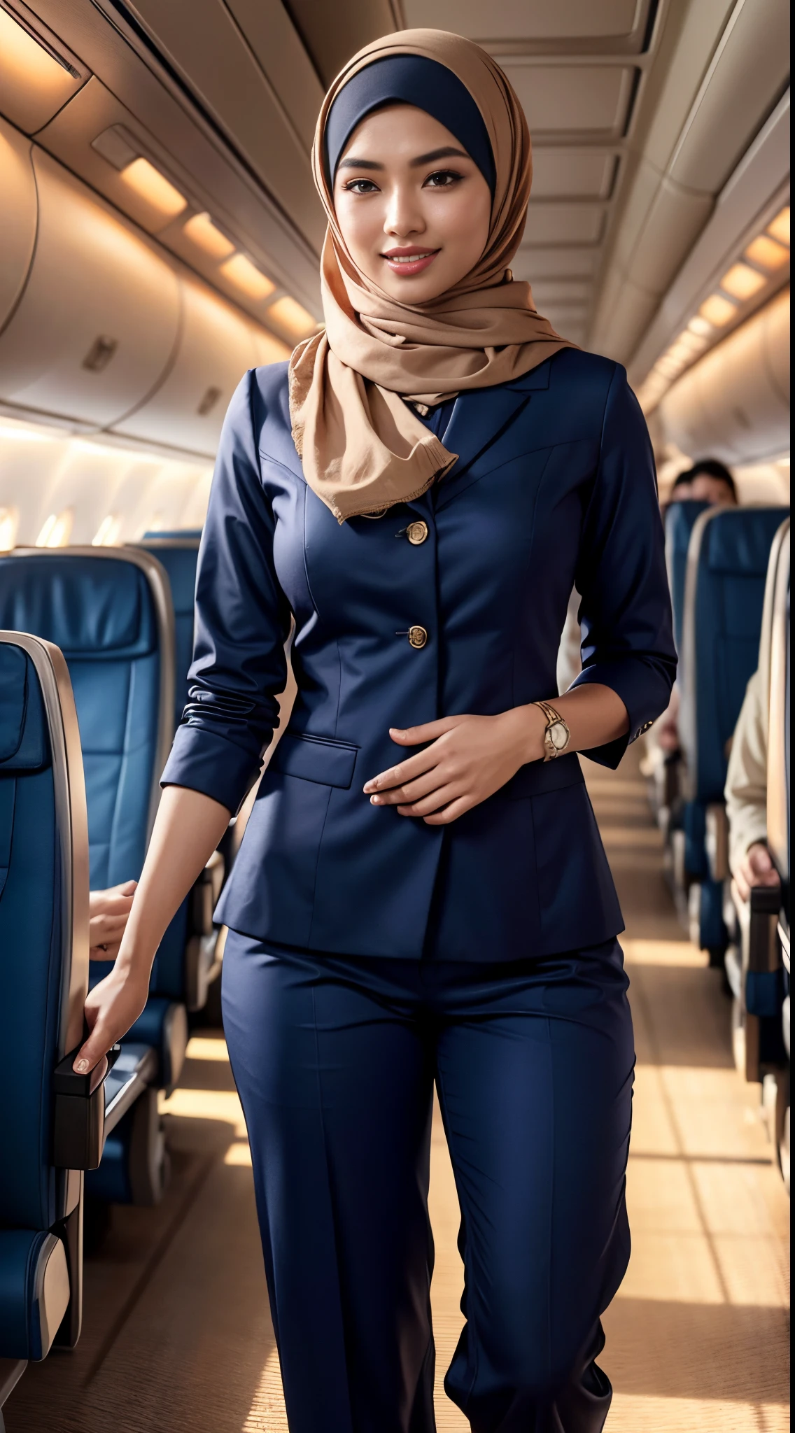 RAW, Best quality, high resolution, masterpiece: 1.3), beautiful Malay woman in hijab (iu:0.8),1woman, 、very detailed face、Detailed lips、Detailed eyes(、Smiling while walking slowly down the aisle)、( Stewardess uniform length: 1.2)(trousers),(Glamorous body)、(Big breasts)、thigh thigh thigh, Perfect fit, Perfect picture realism, Background with: (Business Class aisle on the plane: 1.2), Cowboy Shot, Deep - deep backgrounds, detailed costumes, perfect lighting, hyper-realism, (photorealistic: 1.4), maximum resolution 8K, (masterpiece), highly detailed, professional