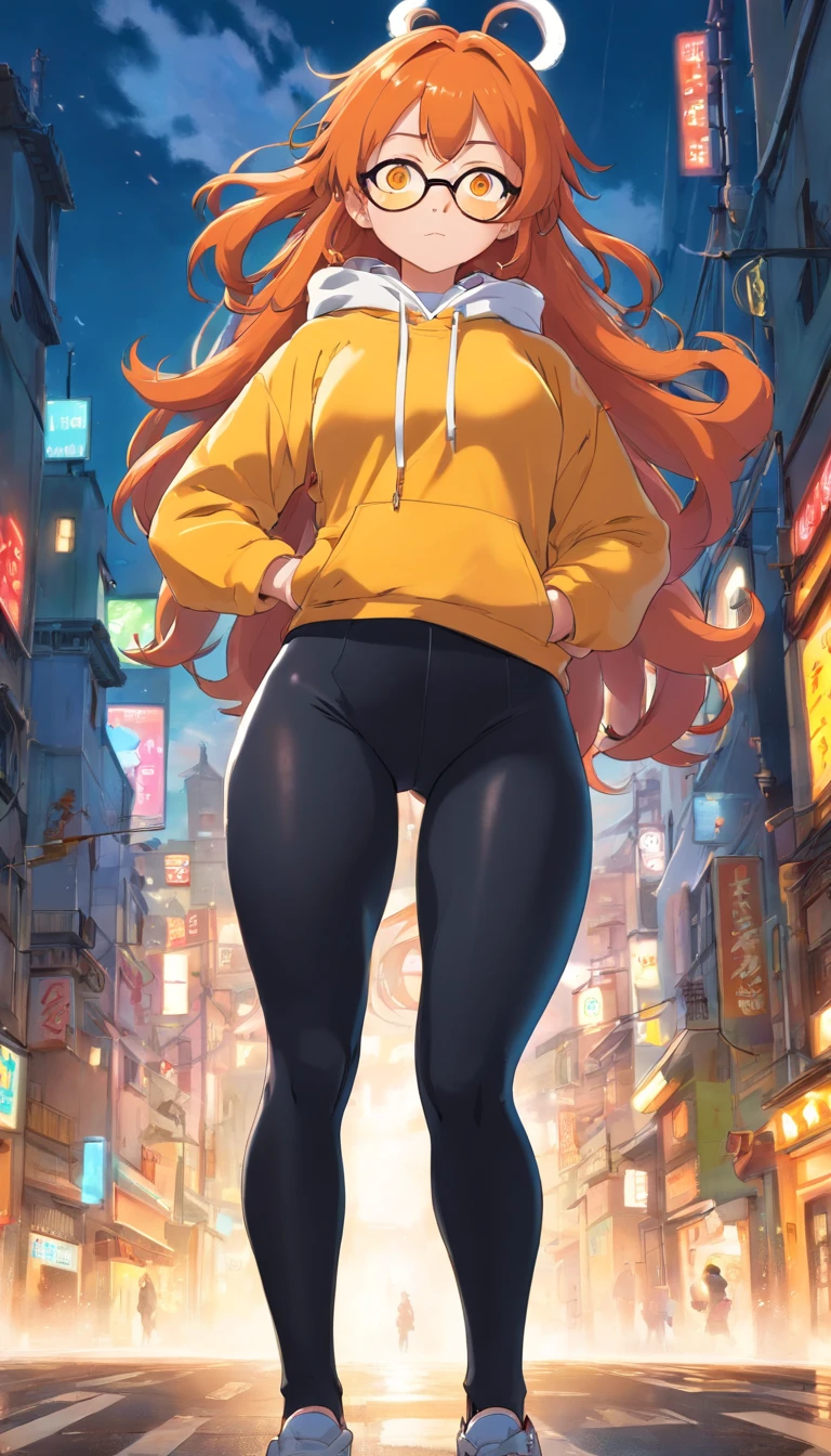 masterpiece、top-quality、Movie stills、1 female、Orange hair、Colossal tits、Huge ass、Fitting black leggings suit、yellow eyes、thick thighs、Long wavy hair、wide hips、Thigh muscles、Strong thighs、White hoodie 、(Spark:0.7)、eye glass
