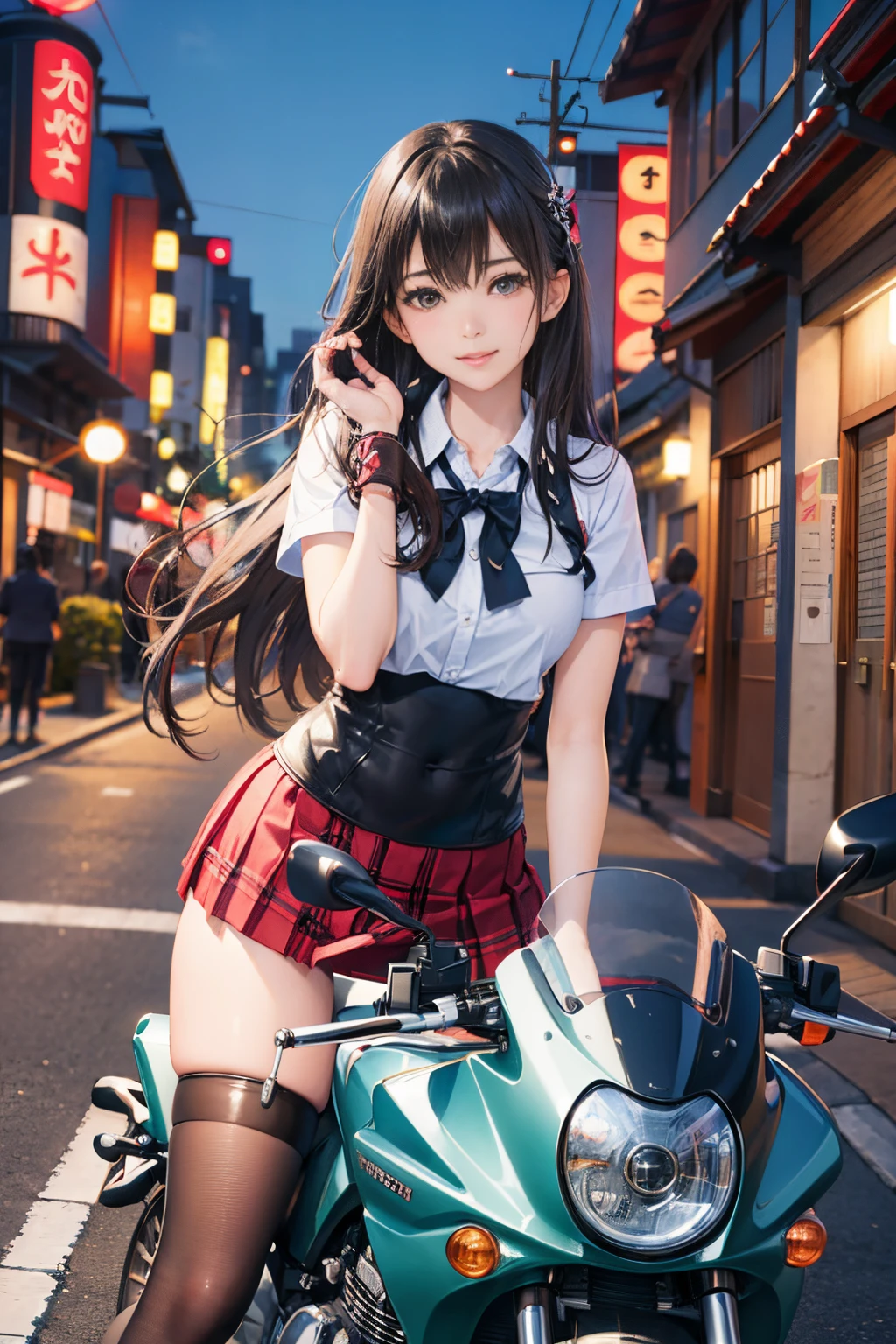 Japan schoolgirl riding motorcycle,a miniskirt、Beautie、Beautie、****con hentai、Beautiful panties、beautiful thigh、beautiful  Girl、Beautie、Happy!!!, , motor cycle,[ photos realistic ]!!, hight resolution,