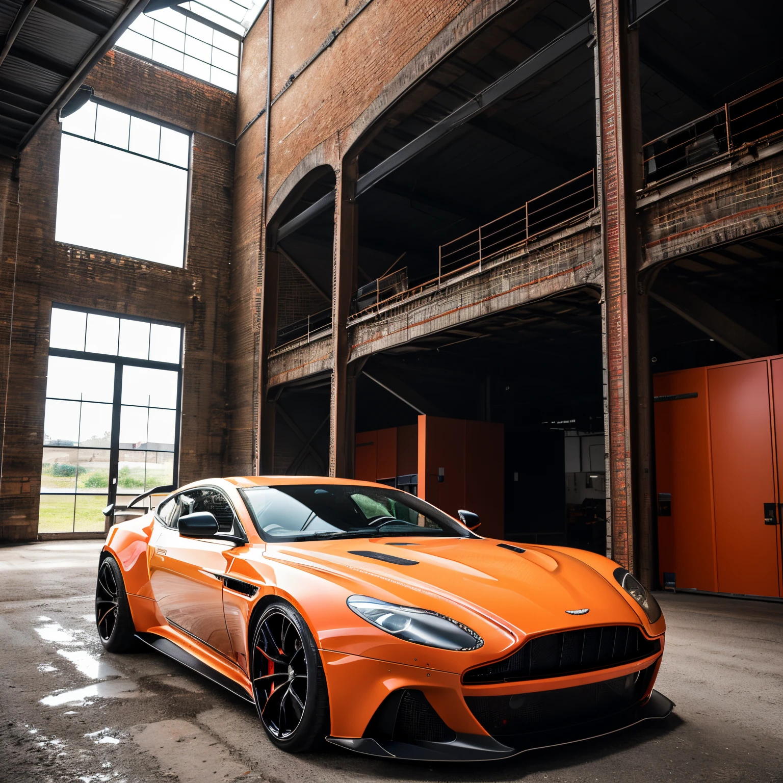 Generate an ultra-high definition 8k image capturing a view of a full carbon fibre Aston Martin DBS Superleggera. wide body kit. aero bodykit. epic stance, headlamps lightings , dark orange red mag wheels. aggressive stance ((background: inside old industrial style building, large windows ...