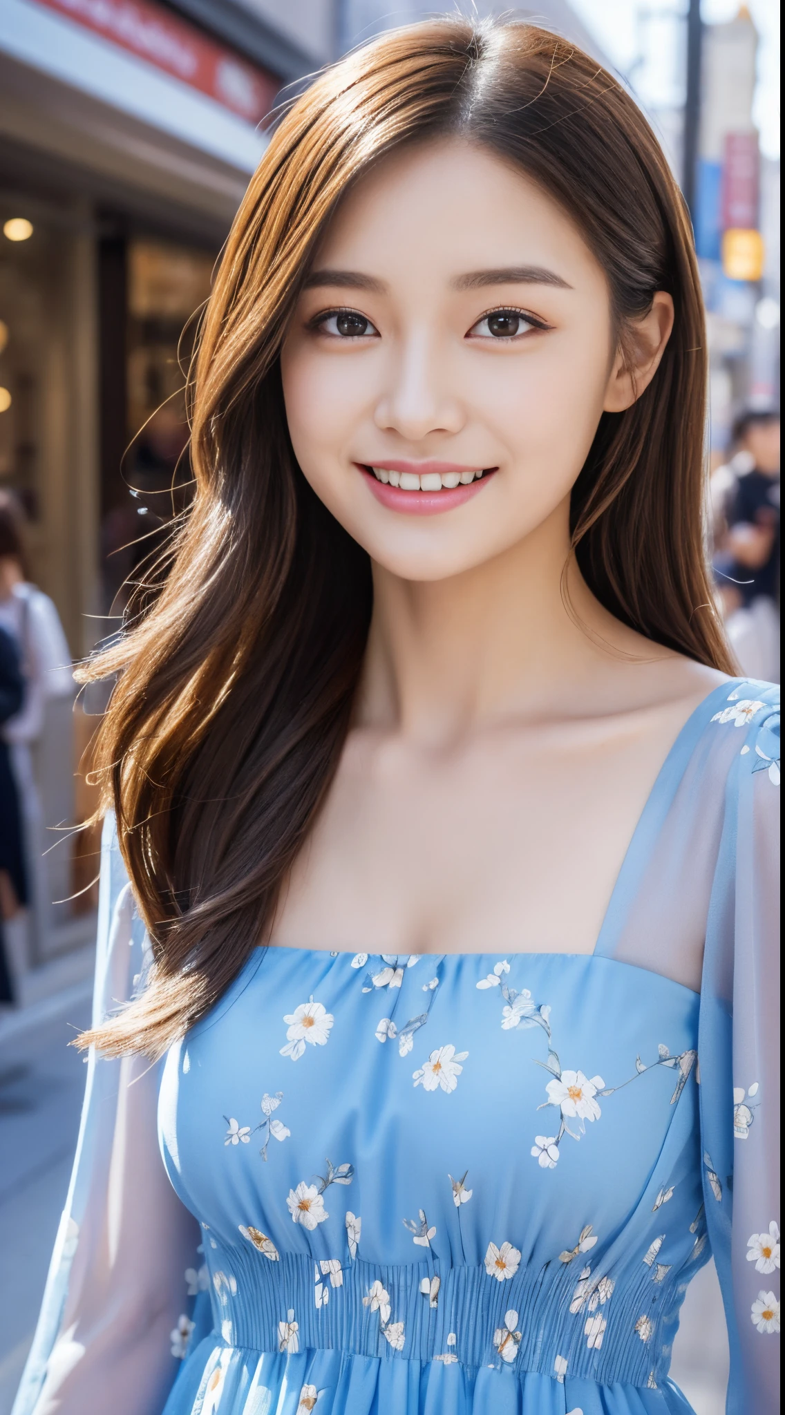 Walk the streets of the city,One lady、 Bandeau Dress, Wearing long gorgeous clothes, She is wearing a sky blue floral long dress., shopping, In the city, highly detailed beautiful girl, Highly detailed face, Highly detailed eyes, highly detailedskin, extremely detailed fingers, highly detailed nose, very detailed detailed mouth、Smile a little