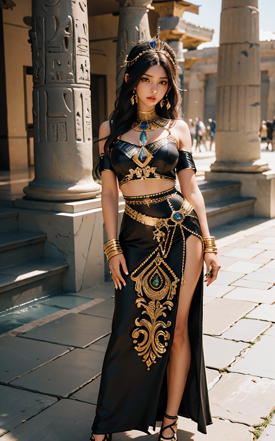 (A beautiful 25 years old female greek maiden), (long black hair:0.8), (pale skin), (detailed sweaty appearance:0.8), (serious face), (wearing black colored revealing greek maiden outfit with golden jeweleries), view from front, waist up shot, dynamic pose, ambient lighting, photo realism, intricate face detail, intricate hand details, highly detailed, vibrant colors, picture taken with Sony A7RIV, with Sony 16-35mm f/4 lenses, cinematic, high definition, trending on Artstation--style raw