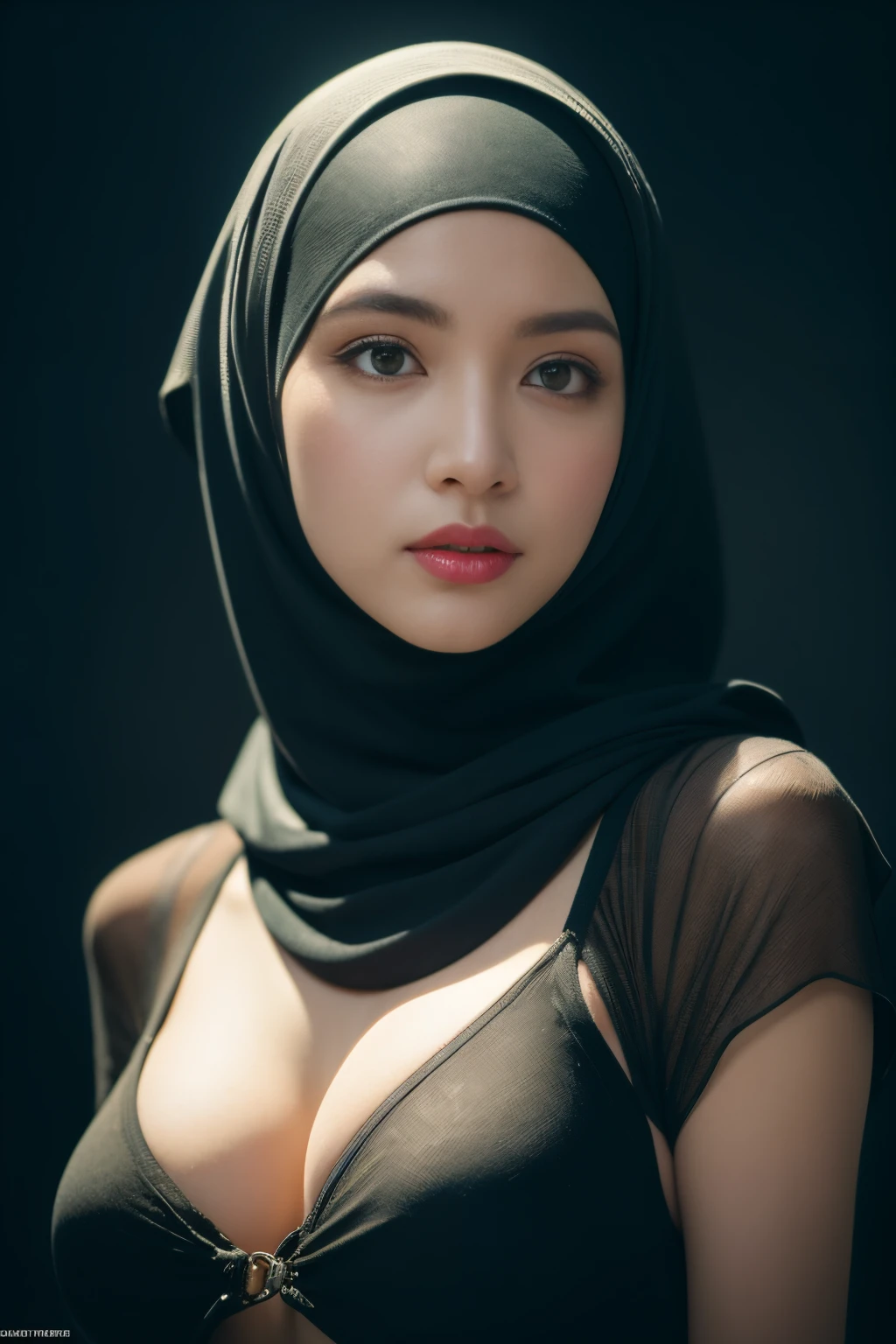 disco, javanese, (((hijabi))), cleavage, reflection light, chiaroscuro, depth of field, cinematic lighting, ray tracing, Sony FE GM, UHD, super detail, masterpiece, textured skin, high details, best quality, award winning,3D,hdr(HighDynamicRange),Ray tracing,NVIDIA RTX,Hyper-Resolution,Unreal 5,Subsurface scattering、PBR Texture、post-proces、Anisotropy Filtering、depth of fields、maximum definition and sharpness、Many-Layer Textures、Albedo e mapas Speculares、Surface coloring、Accurate simulation octane rendering of light-material interactions、Two-colored light、largeaperture、Low ISO、White balance、the rule of thirds、8K raw data
