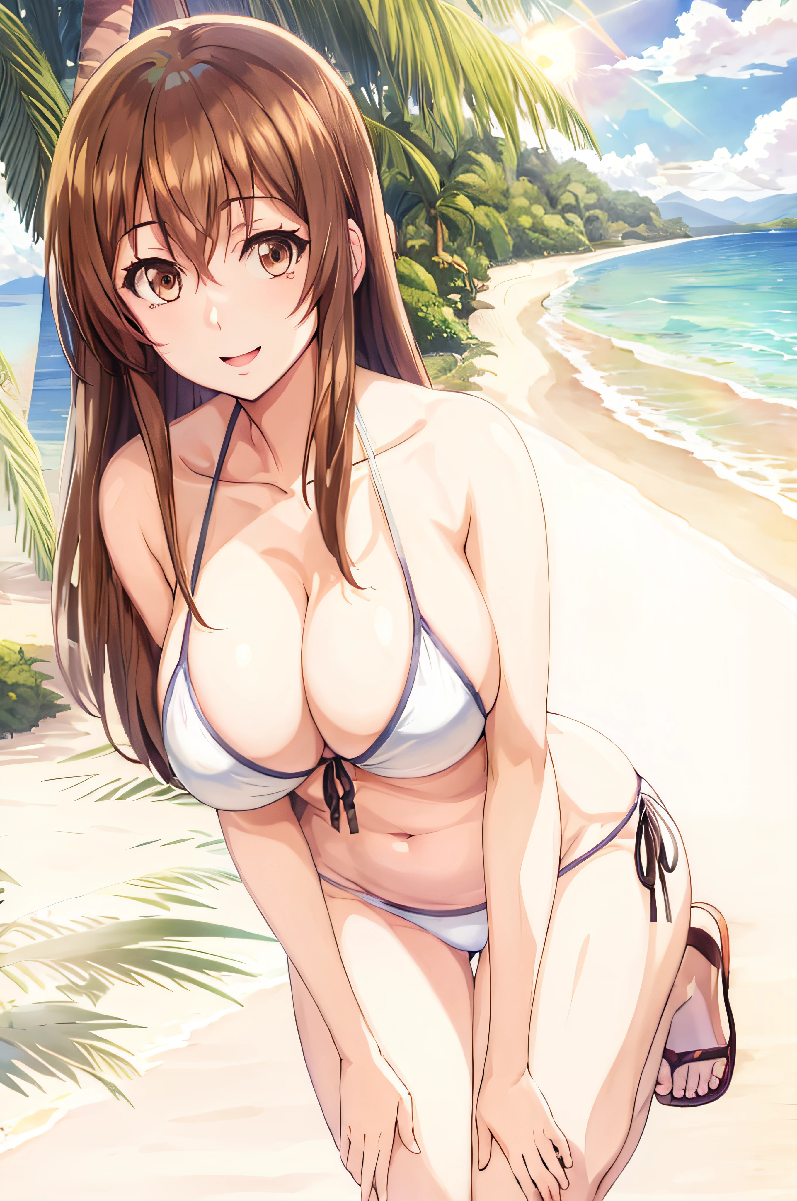 best quality, (masterpiece:1.2), highly detailed, ocean, beach, sun rays, 1girl, solo, kotegawa nanaka, looking at viewer, slight smile, open mouth, large breasts, brown eyes, brown hair, single hair bun, white bikini, front-tie top, sandals