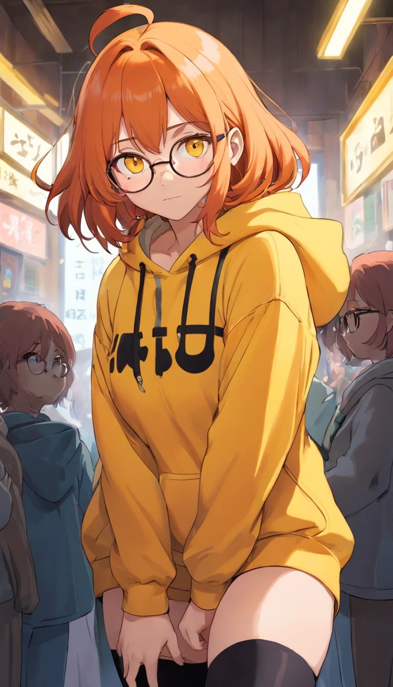 ​masterpiece、top-quality、Movie stills、1 female、Orange hair、huge tit、Big ass、Fitting black leggings suit、yellow  eyes、thick thighs、Long wavy hair、wide hips、Thigh muscles、Strong thighs、White hoodie 、(Spark:0.7)、eye glass