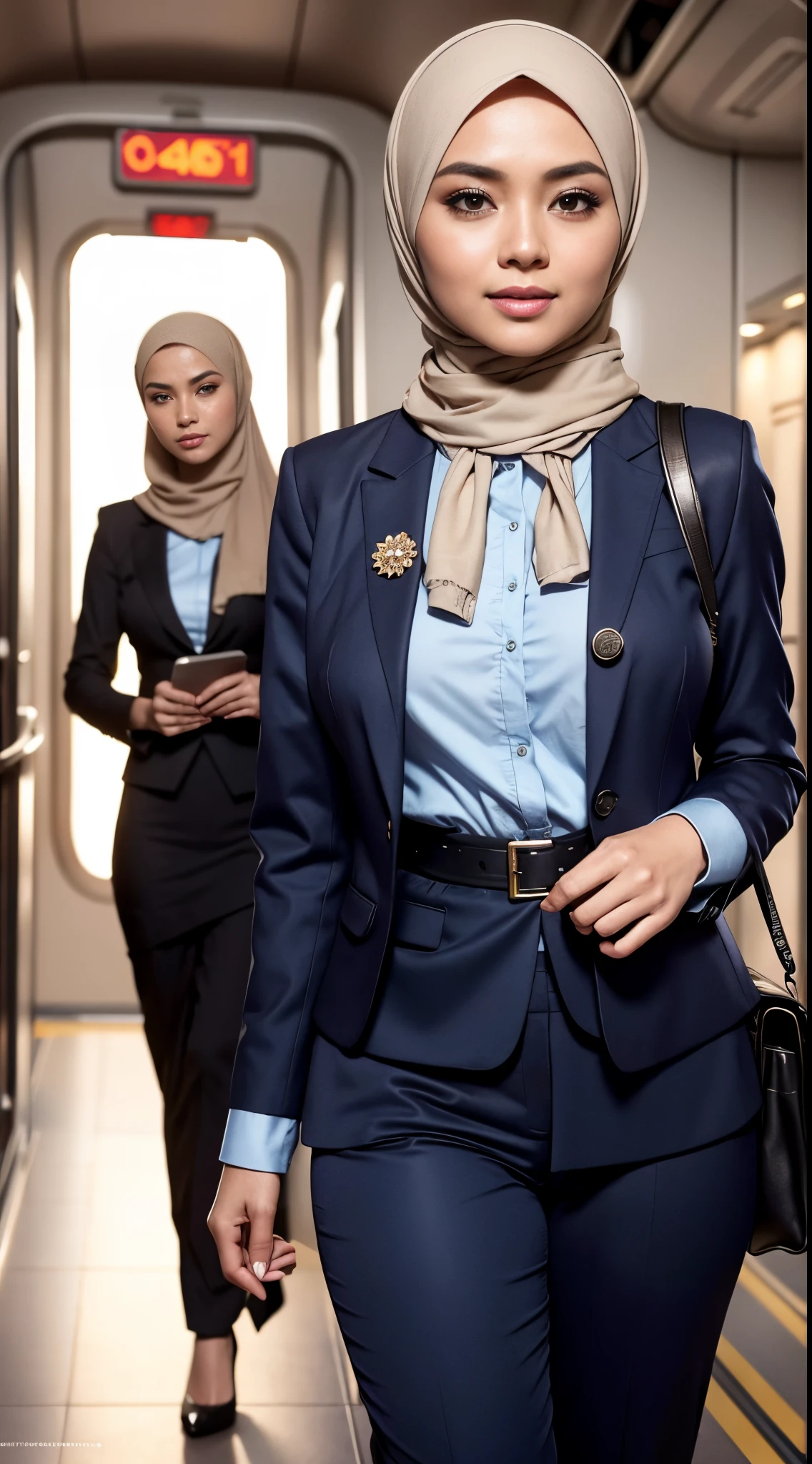 RAW, Best quality, high resolution, masterpiece: 1.3), beautiful Malay woman in hijab (iu:0.8),/(modern office indoors/), 1lady solo, /(suit jacket pencil skirt beige/) id card, bangs, blush kind smile, (masterpiece best quality:1.2) ultra-detailed, large breasts