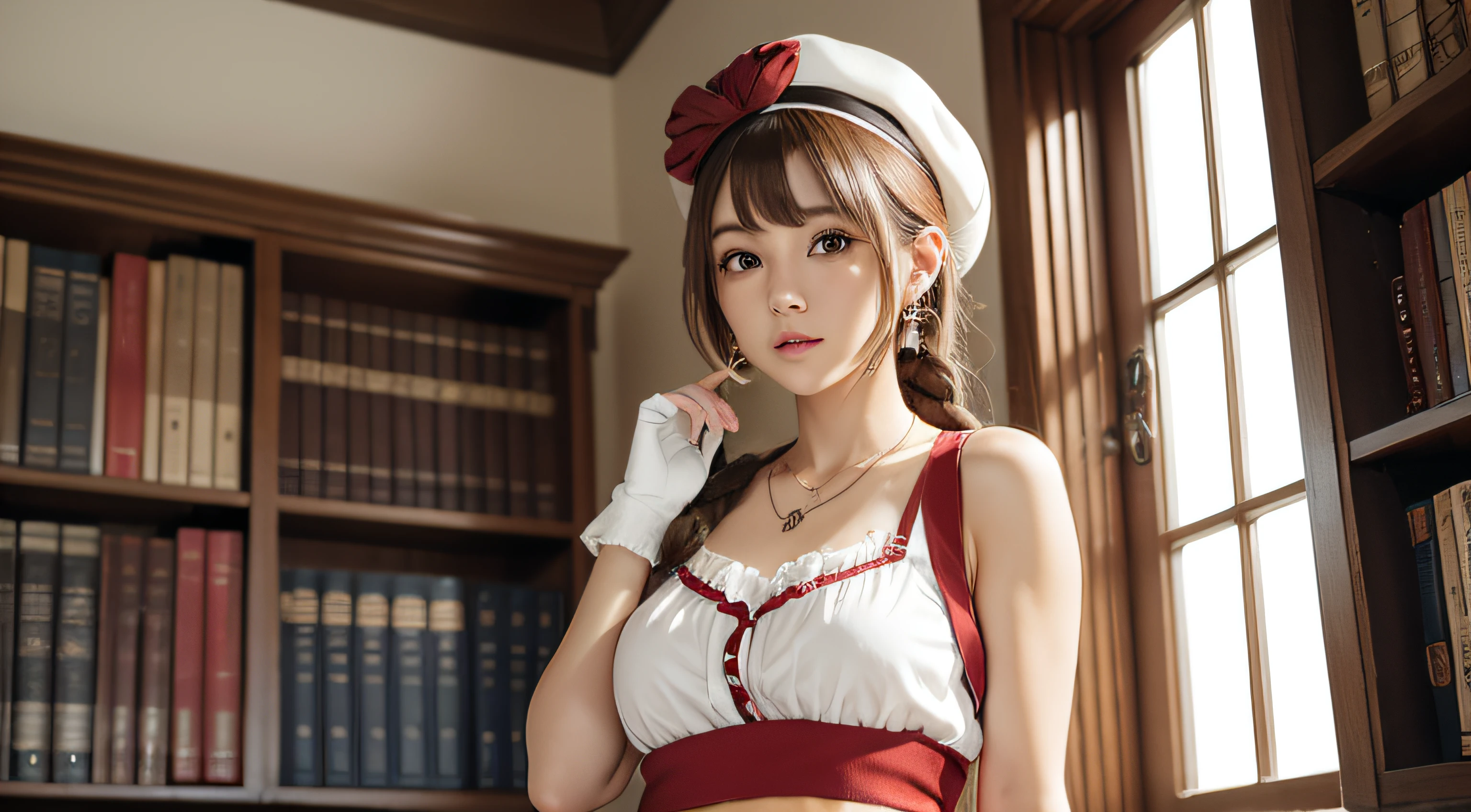 (masutepiece:1.3), (Best Quality:1.3),Indoors,bookshelf,window,Solo,1girl in, Raysarin_stout, Upper body, Standing,Brown hair, Brown eyes, Solo, hair clips, earrings, Jewelry, Short_hair, white_Hats, hat, hair_ornament detached, brown_gloves, Necklace, Short_Shorts, X Hair Ornament, Red shorts, braid,