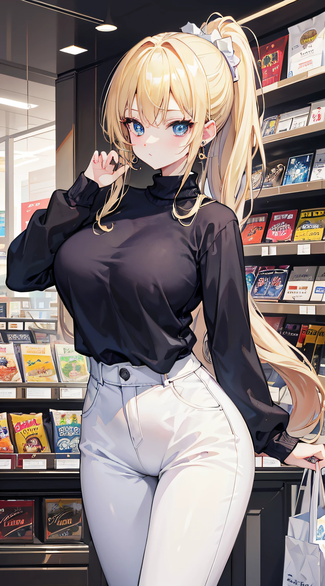 top-quality、Top image quality、masterpiece、girl with((18year old、Best Bust、big bast,Beautiful blue eyes、Breasts wide open, Blonde ponytail、A slender,Large valleys、Black sweater、White pants、point to the shelf、Ruby Earrings、View product shelf))hiquality、Beautiful Art、Background with((Large shopping malls)))、,masutepiece、visualart、depth of fields、