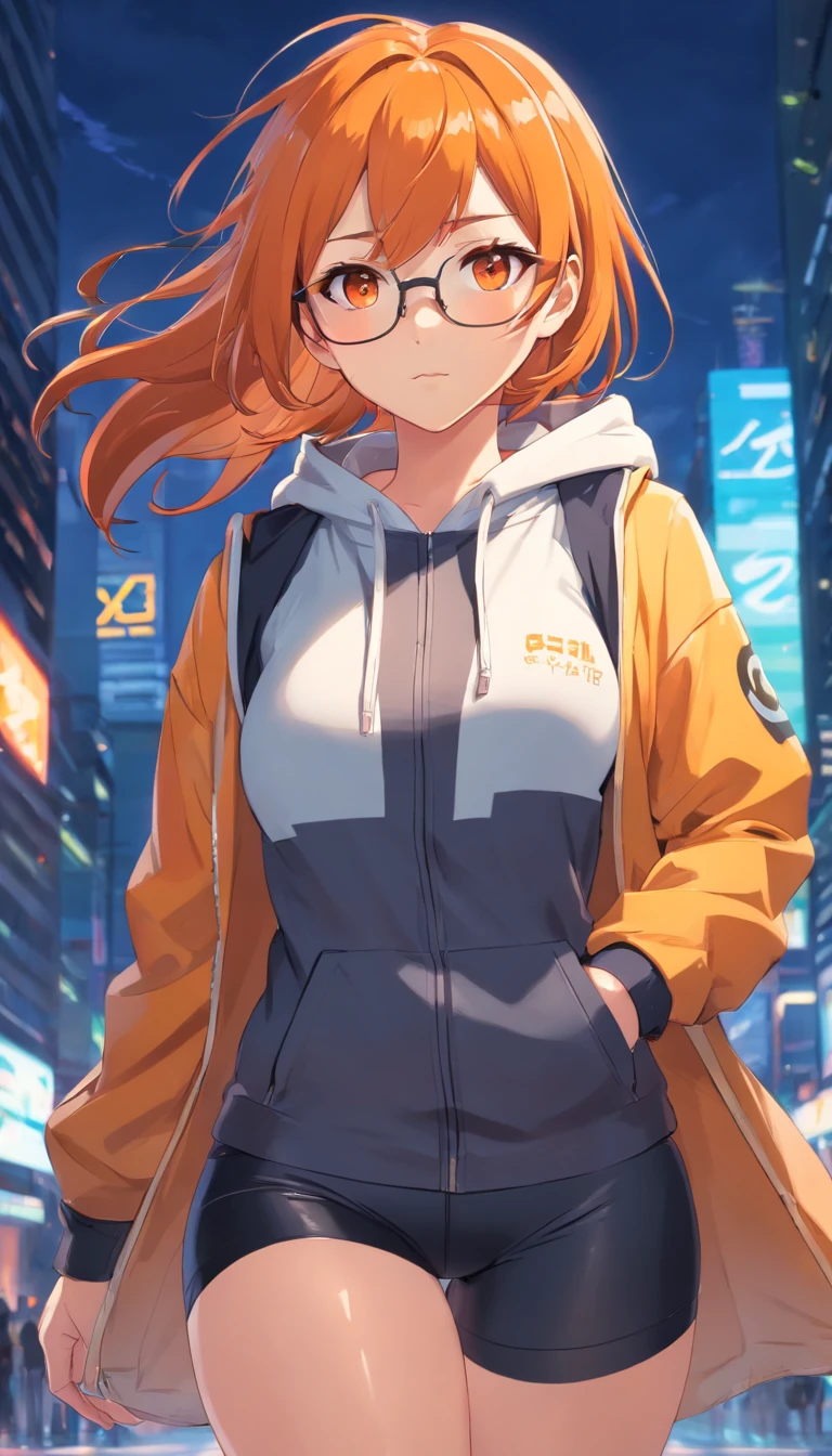 masterpiece、top-quality、Movie stills、1 female、Orange hair、Colossal tits、Huge ass、Fitting black leggings suit、yellow eyes、thick thighs、Long wavy hair、wide hips、Thigh muscles、Strong thighs、White hoodie 、(Spark:0.7)、eye glass