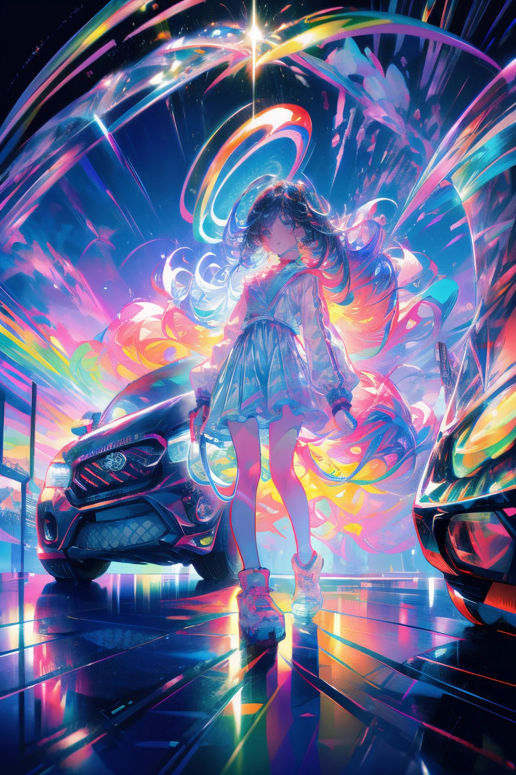 Rainbow on background、Irridescent color、colourfull、blue open sky、Colorful world、has a rainbow weapon、top-quality、超A high resolution、(Photorealsitic:1.4)、Female 1 Person、(Kpop Idle)、(attractiveness:1)、(rainbow hair:1)、((Puffy eyes))、Look at the viewer、full body Esbian、Facing the front