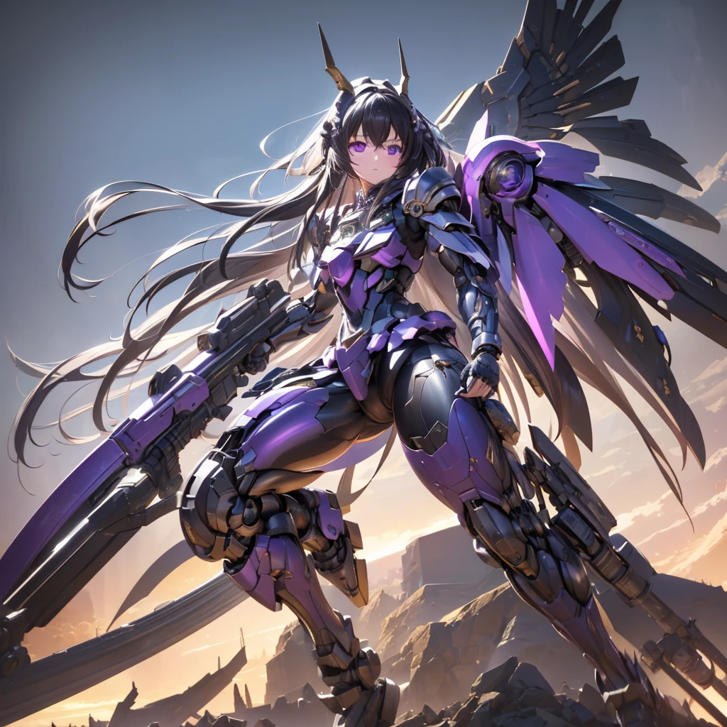 (16K), (Hyper Detailed), (ultra-quality), (masutepiece), (Anime), (Beautiful mechanics), (Beautiful Girl), (Beautiful background), (Beautiful body),(lonely) , ligne claire, contour deepening beautiful detailed glow, magnificent scene, depthoffield, beautiful detailed shadow, (Petite), tiny chest, Slim legs, (Silky black hair), (extra long hair), (voluminous, shiny, fine hair), (detailed beautiful purple eyes), Cape, (Machinery Armor), machine forest, head gear, mechanical eagle wings, (hyper realistic gun), Natural lighting