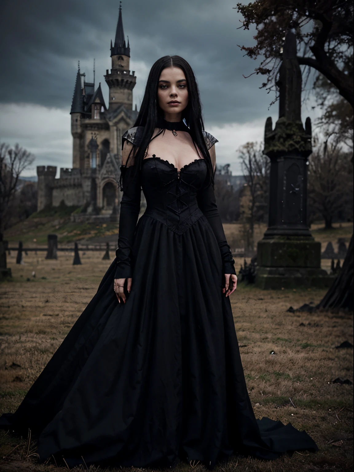 arafed woman in a black dress standing in front of a castle, beautiful vampire female queen, beautiful vampire queen, eerie moorlands behind her, gothic maiden, beautiful with eerie vibes, beautiful necromancer, beautiful elegant demon queen, gothic horror vibes, beautiful necromancer girl, pretty margot robbie vampire, medieval dark fantasy, samara weaving vampire