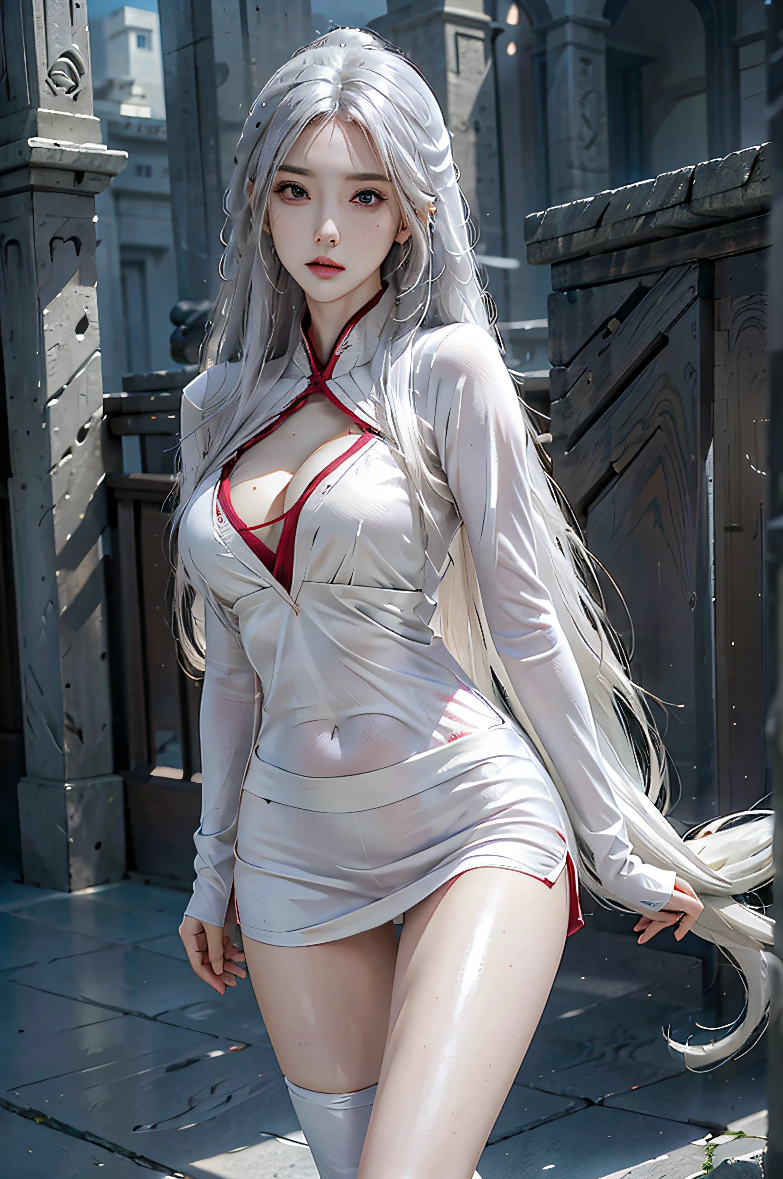 realisticlying, A high resolution, 1 Women, Alone, glute_Upp, hip-up, pretty eyes, long whitr hair, Just look at the audience, Close the lips, 详细的脸, long whitr hair, Naraka Blade, Crimson Night Tohime Outfit