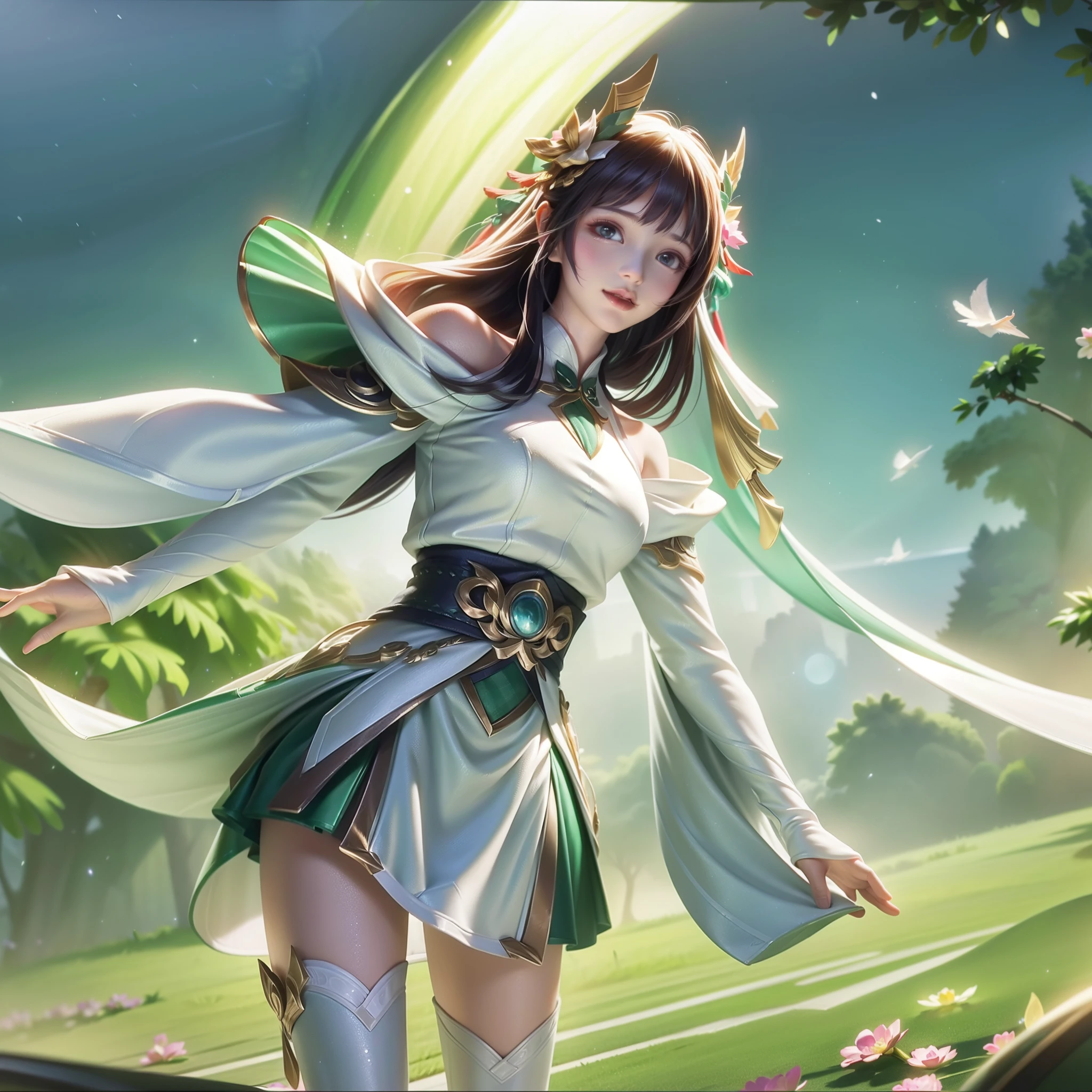 ((Best quality)), ((tmasterpiece)), (the detail:1.4), 3D, Beautiful image of ancient Chinese girl,eyes looking at the lens、（Long white hair）green and white robe、（green and white uniform）、Nice face、Gold pattern,sub surface scattering、PBR textures、post-proces、Anisotropy Filtering、depth of fields、((with a pure white background))、maximum definition and sharpness、Many-Layer Textures、Albedo e mapas Speculares、Surface Coloring、Accurately simulate the interaction of light and materials、proporções perfeitas、octaneratingrendering、dichroic light、largeaperture、Low ISO、White balance、the rule of thirds、8K original