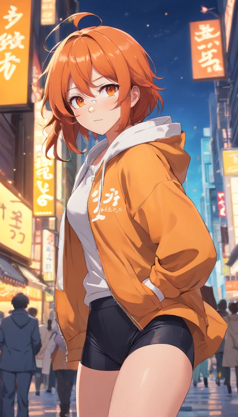 1人の女性、Orange hair、huge tit、Big ass、Fitting black full-body tights、yellow  eyes、thick thighs、a short bob、wide hips、Thigh muscles、Strong thighs、Yellow Hoodie、Sexy ass、eye glass、Sexy