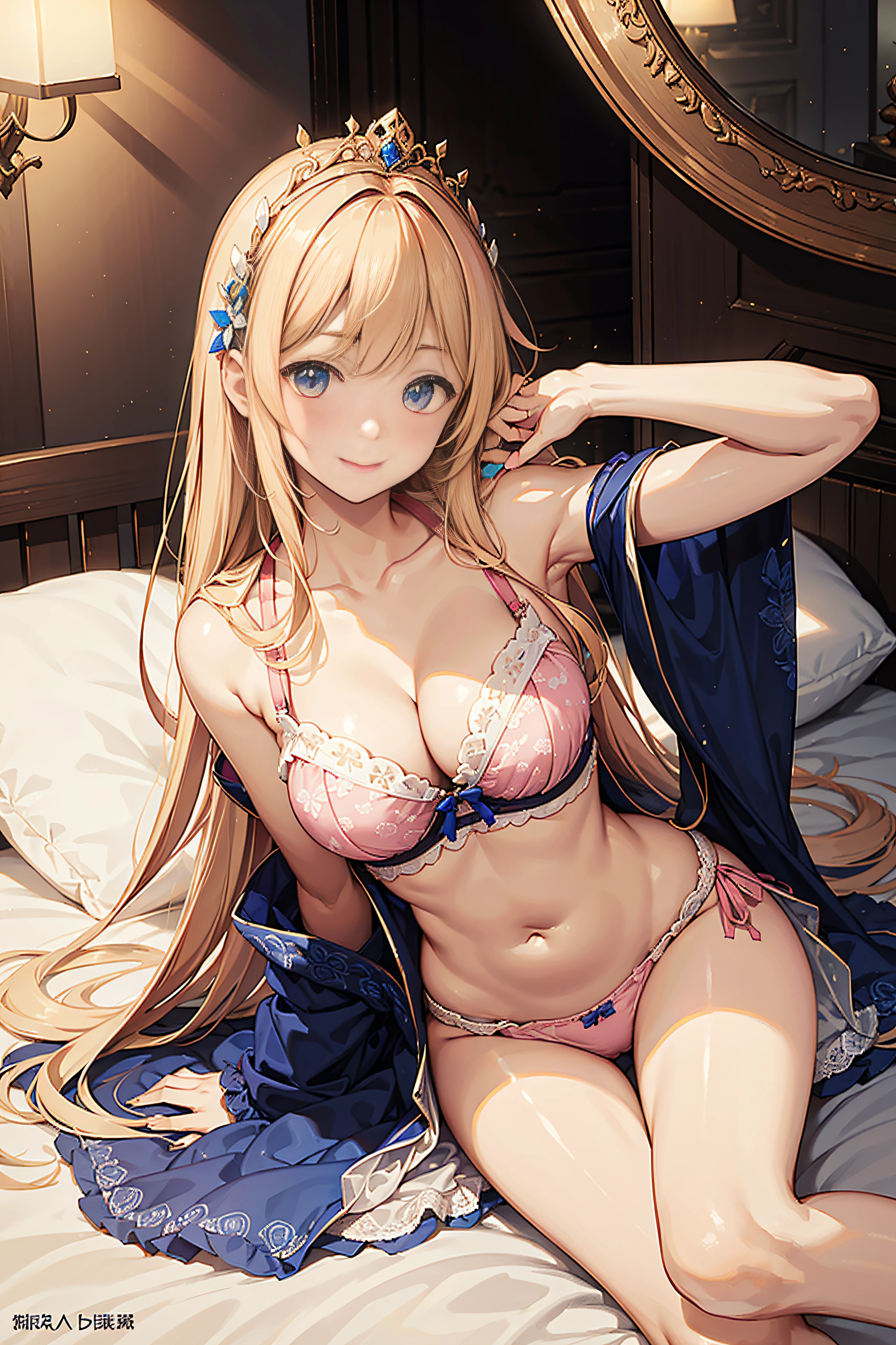 25-year-old female、Shy laughter、Kamimei、Medium chest、Pose Seductive,(brightly patterned princess dress:1.2),Dark-blonde hair,e Blue Eyes,maximalism,Multi-layered delicate frills,Lots of races,(Delicate pattern:1.1),(exquisite costumes:1.1),(Yellow-white tone),Princess Crown,see-through transparent clothes,beautifull detailed face,Bedroom scene in Western mythology,the night,solo person,flowing skirt,Lace,(shine:1.2), (Best Quality), (masutepiece:1.2),、Pose with emphasis on the buttocks、(sexy pink lace panties and bra)、(lyin in bed)、((opens legs))