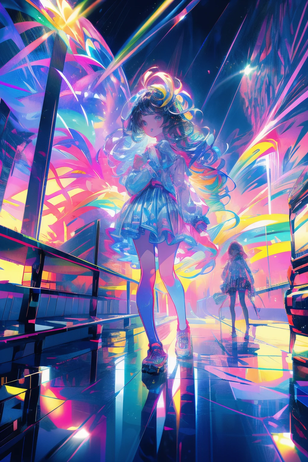 Rainbow on background、Irridescent color、colourfull、blue open sky、Colorful world、has a rainbow weapon、top-quality、超A high resolution、(Photorealsitic:1.4)、Female 1 Person、(Kpop Idle)、(attractiveness:1)、(rainbow hair:1)、((Puffy eyes))、Look at the viewer、full body Esbian、Facing the front