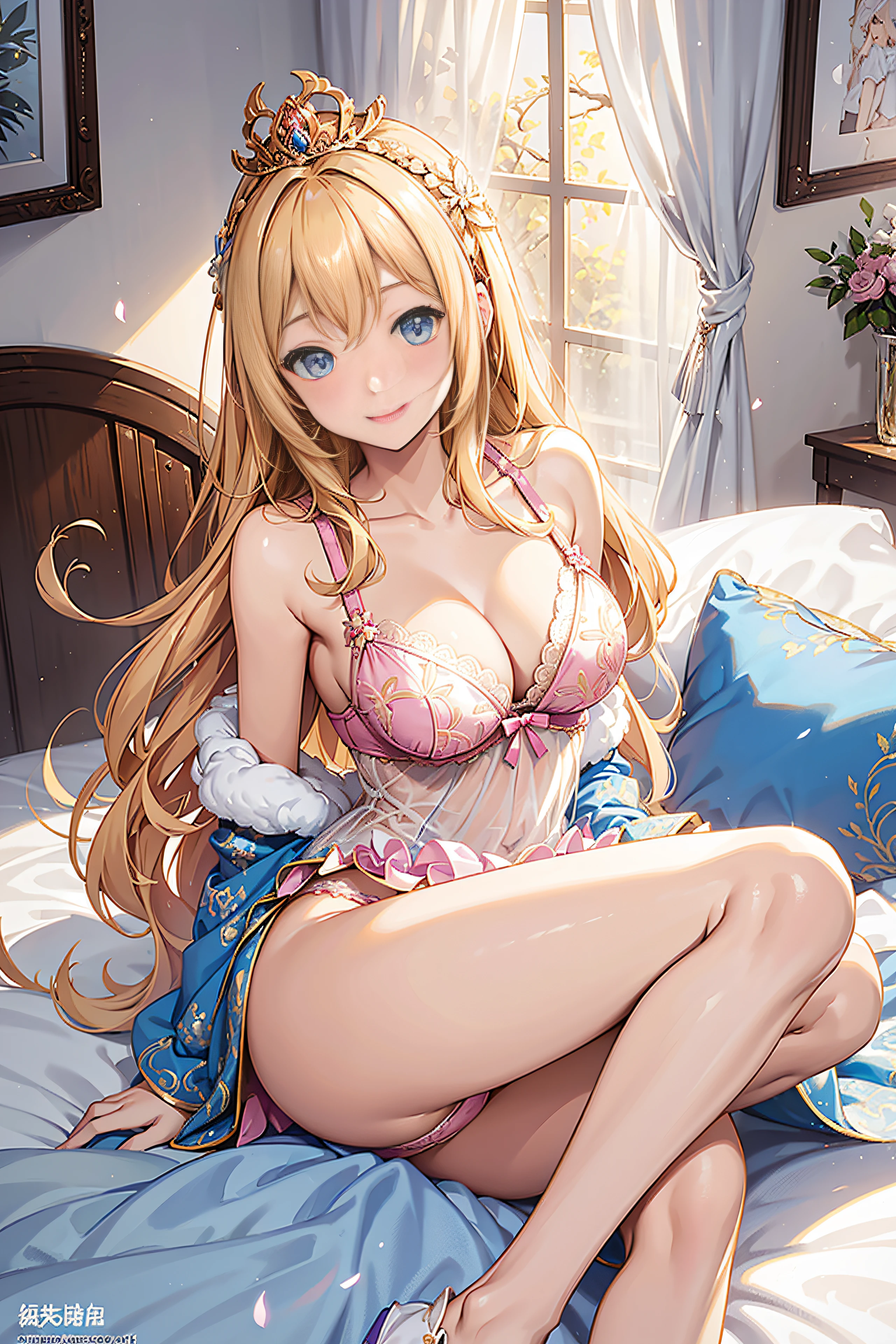 25-year-old female、Shy laughter、Kamimei、Medium chest、Pose Seductive,(brightly patterned princess dress:1.2),Dark-blonde hair,e Blue Eyes,maximalism,Multi-layered delicate frills,Lots of races,(Delicate pattern:1.1),(exquisite costumes:1.1),(Yellow-white tone),Princess Crown,see-through transparent clothes,beautifull detailed face,Bedroom scene in Western mythology,the night,solo person,flowing skirt,Lace,(shine:1.2), (Best Quality), (masutepiece:1.2),、Pose with emphasis on the buttocks、(sexy pink lace panties and bra)、(lyin in bed)、((opens legs))