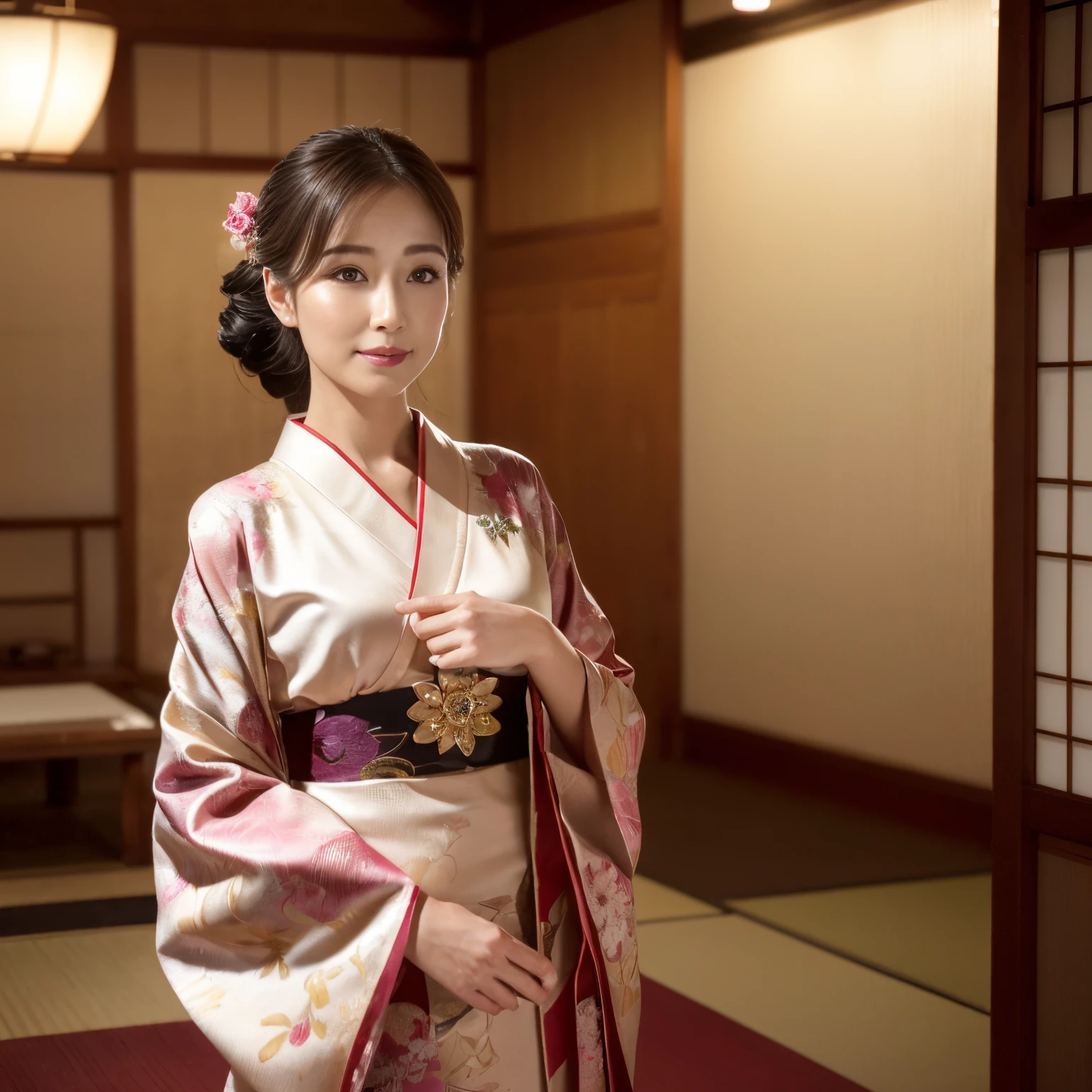 ((Best Quality, masutepiece, 超A high resolution、The most complex and detailed depictions))、1人の女性、wearing a luxurious kimono、Japanese-style elegant kimono、Elegant standing figure、standing elegantly、Bright kimono、Photographing from the waist up、(Staring at me、Perfect camera gaze)、Sad smile、mournful、A detailed face、Lustrous lips、Bewitching look、glamor、perfect anatomia、Elegantly styled hair、Elegant hairpin、natural make up、A detailed face、face perfect、Beautiful fair skin、perfect shiny skin and hair、The background is an elegant Japanese room