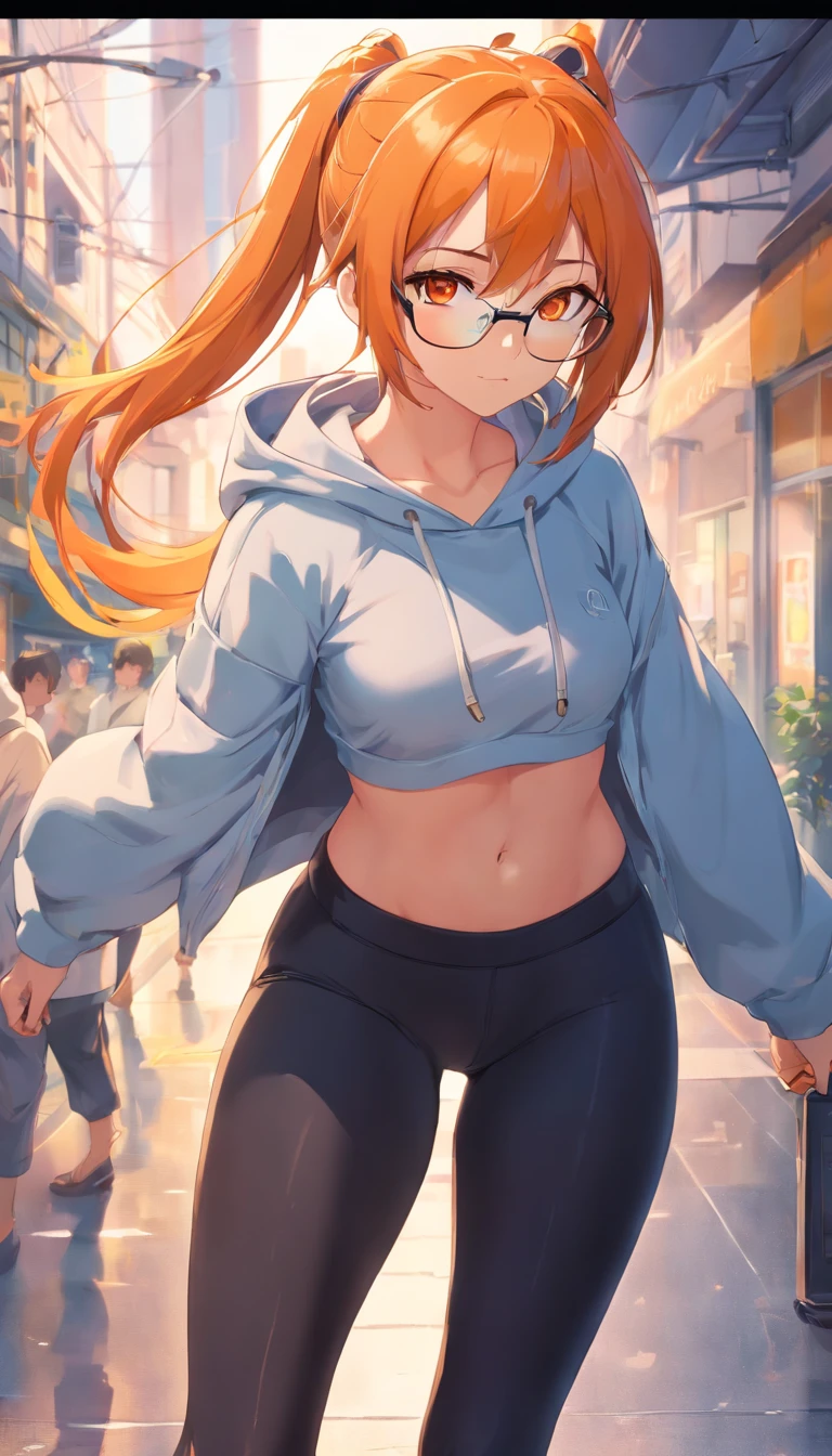 masterpiece、top-quality、Movie stills、1 female、Orange hair、Colossal tits、Huge ass、Fitting black leggings suit、yellow eyes、thick thighs、Long wavy hair、wide hips、Thigh muscles、Strong thighs、White hoodie 、(Spark:0.7)、eye glass
