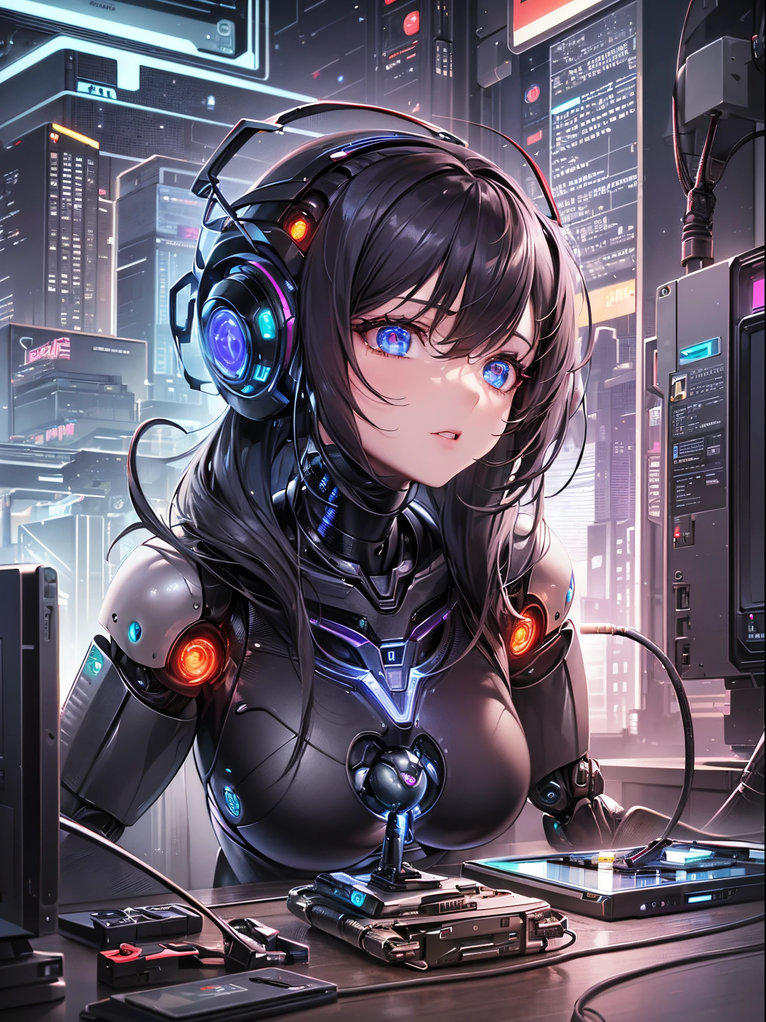 (Finest quality)),(超A high resolution),(ultra-detailliert),(Meticulous portrayal),((best pictures)),(Finest works of art),Ultra-Precision Art,The art of astounding depiction,a science fiction film,Sci-Fi Art, (One female robot:1.5),(intensely glowing core), Cyber City,cables,monitors,