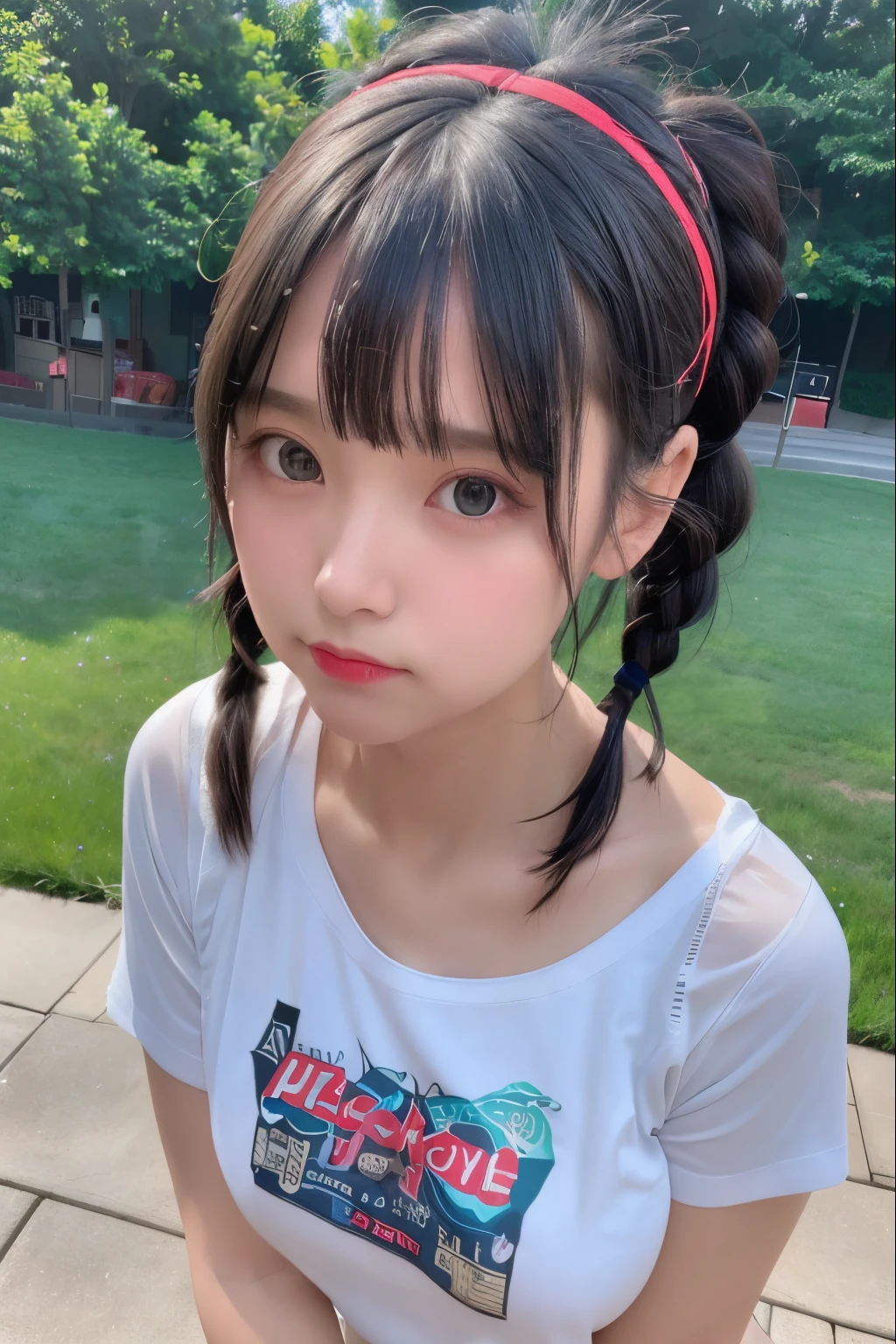 1 girl,(1 18-year-old girl),(Upper body:1.2),(medium breasts),Upper body,(Realistic:1.7),((Best Quality)),absurderes,(超A high resolution),(Photorealistic:1.6),Photorealistic,Octane Render,(hyper realisitic:1.2), (Photorealistic face:1.2), (8K), (4K), (masutepiece),(Realistic skin texture), (Illustration, Cinematic lighting,Wallpaper),( Beautiful eyes:1.2),((((Perfect face)))),(Standing),(Looking at Viewer:1.2),(Cute),(Black hair),(braided ponytails:1.1),(bow hairband),(print t-shirt:1.2),(Red lips:1.1),Outdoors,