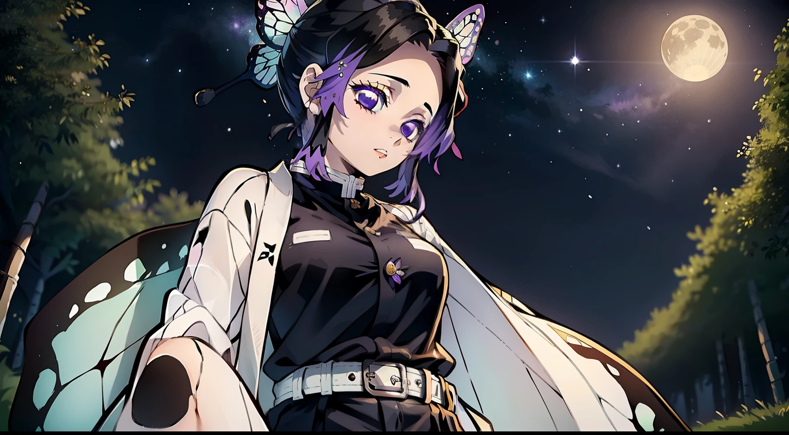 Masterpiece, Best Quality, Japanese House, samurai house, Very clear image, hight resolution, 1girl, 独奏, Kocho Shinobi, Master Parts, beste-Qualit, supreme, 1girll, In the bamboo forest，There is a huge bright moon in the background,  Kochou Shinobu, large butterfly clip in hair, butterfly hair jewelry, violet eyes, multi-colored hair, Short hair, Separate lane, haori, White Japanese cloak, Longer sleeves, black pantsuit, black jacket, belt, Character looking at camera，Decorate your hair with a bow tie, violet eyes, multi-colored hair, Short hair, Parted bangs, Black pants, black jacket, long sleeves, belt, Cowboy shot, in the woods, Looking at the starry sky, Close your mouth, Night with countless stars, The ideal body of the Milky Way, The Perfect Girl, perfect details, Ultra HD |, 8K, Professional photo, Demon Slayer in anime style,