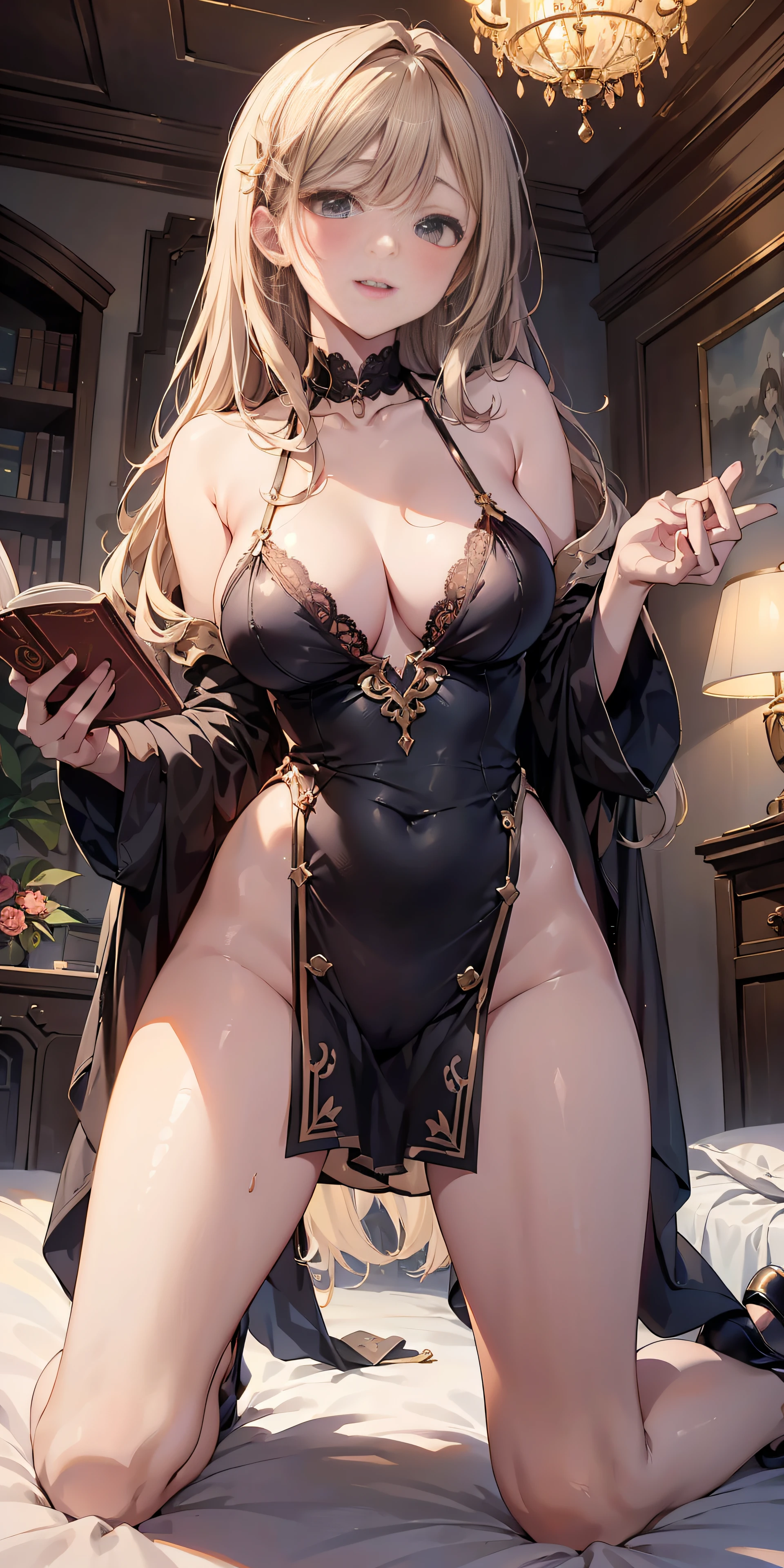 masutepiece, Best Quality, the Extremely Detailed CG Unity 8K Wallpapers, beauty queen costume, Long dark blonde wavy hair、gorgeous dress、Luxurious hair ornaments、Medium milk, Puffy nipple、Blushing, Shy laughter, Bare shoulders、sexy hips、high-heels、Luxurious magic wand and book、Church of the castle、sexy pose、(lyin in bed)、(((Open knees、open one's legs)))、Sexy yellow lace panties