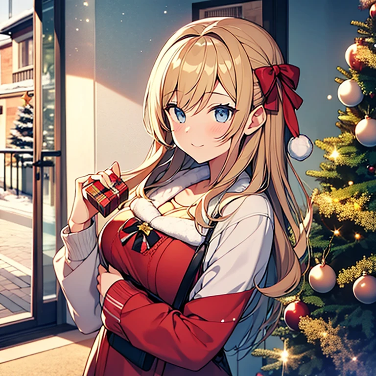 Beautiful girl with a present in front of a Christmas fir tree