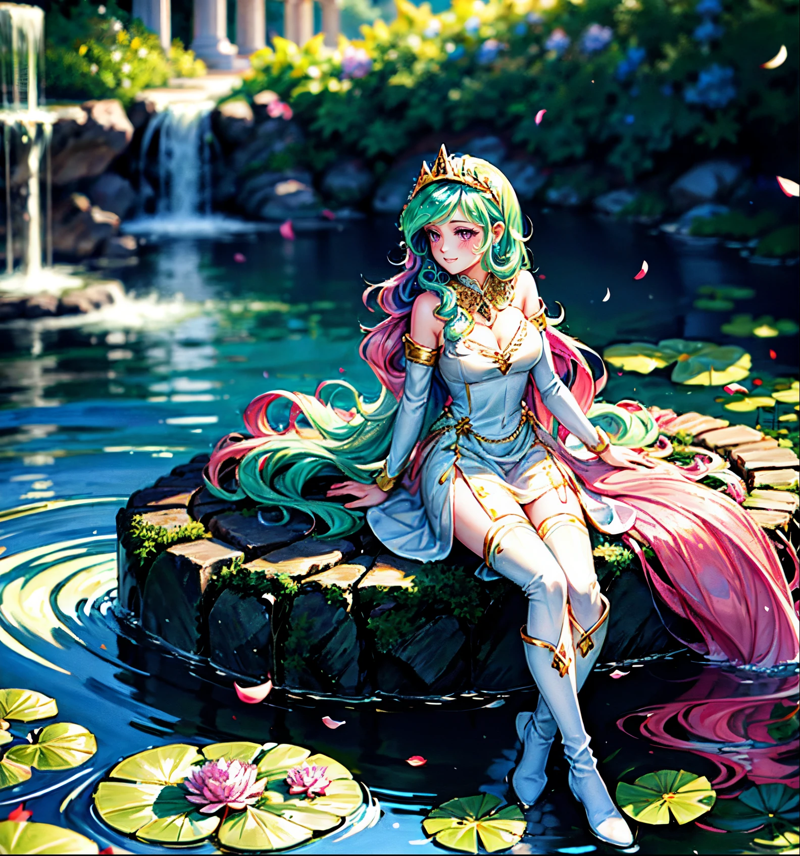 Celestia, celestia from my little pony, celestia in the form of a girl, long wavy hair, pink eyes, lush breast, greek columns, outside, beautiful majestic forest, vine leafs wrapping the columns, bush of flowers everywhere, wearing a white goddess dress, knee high boot, clear sky, bright sunny day, ((water fall)), river, water reflection, lily pads on water, glaring at viewer, sitting under a tree, falling petals