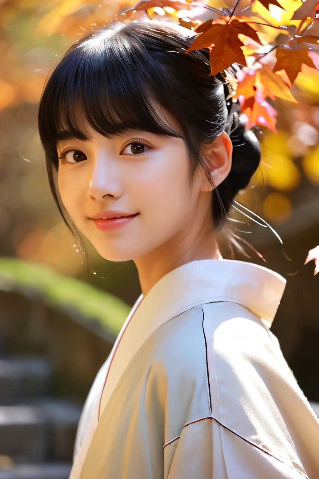 (frontage)、((Girl in 1))、(looking at view)、(18year old)、((Black hair medium hair))、((Pattsun bangs))、(Bun hair)、(A slight smil)、(White kimono)、(hairpin)、(brown-eyed)、(Photoreal Stick:1.2)、in 8K、(High quality shadows)、Detail Beautiful delicate face、Detail Beautiful delicate eyes、Cute K-pop Idol、(Korean Urzan Face)、(ulzzang -6500-v1.1:0.6)、gloweyes、perfectbody、Natural color reproduction、Shiny hair、Description beautiful delicate hair、(Lustrous skin)、电影灯光、Deep in the mountains of Japan、Beautiful autumn leaves、dazzling sunset、Torii gate of the shrine、kyoto、stone stairs、