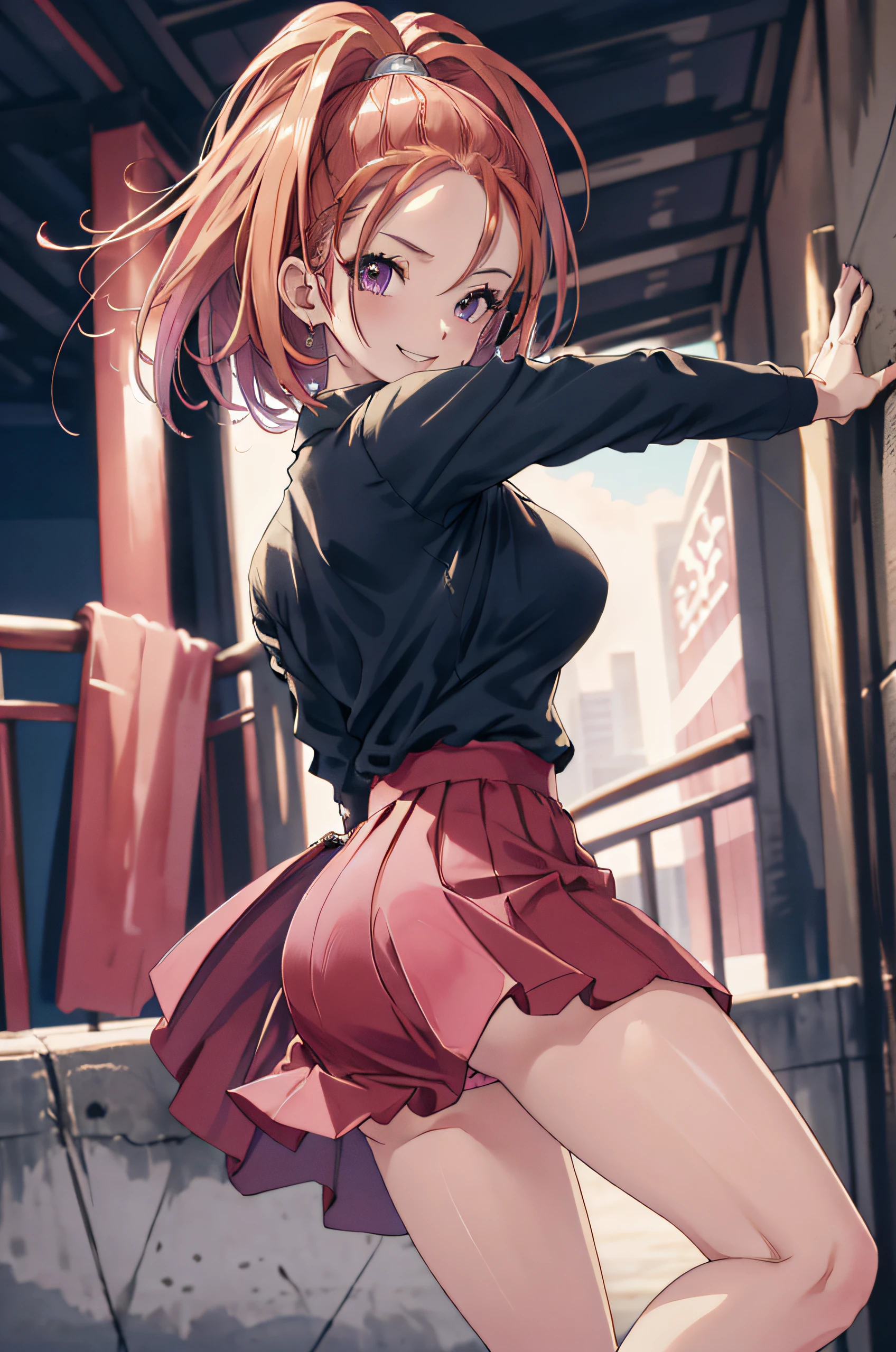 DQ6 Barbara,High Ponytail,Dress,Large breasts,
(Best Quality, masutepiece, Raw photo,Ultra-detailed:1.2), 1girl in,Solo,Looking at Viewer,Smile、flered skirt、Sexy pink panties、Skirt flips in the wind、Pose emphasizing buttocks