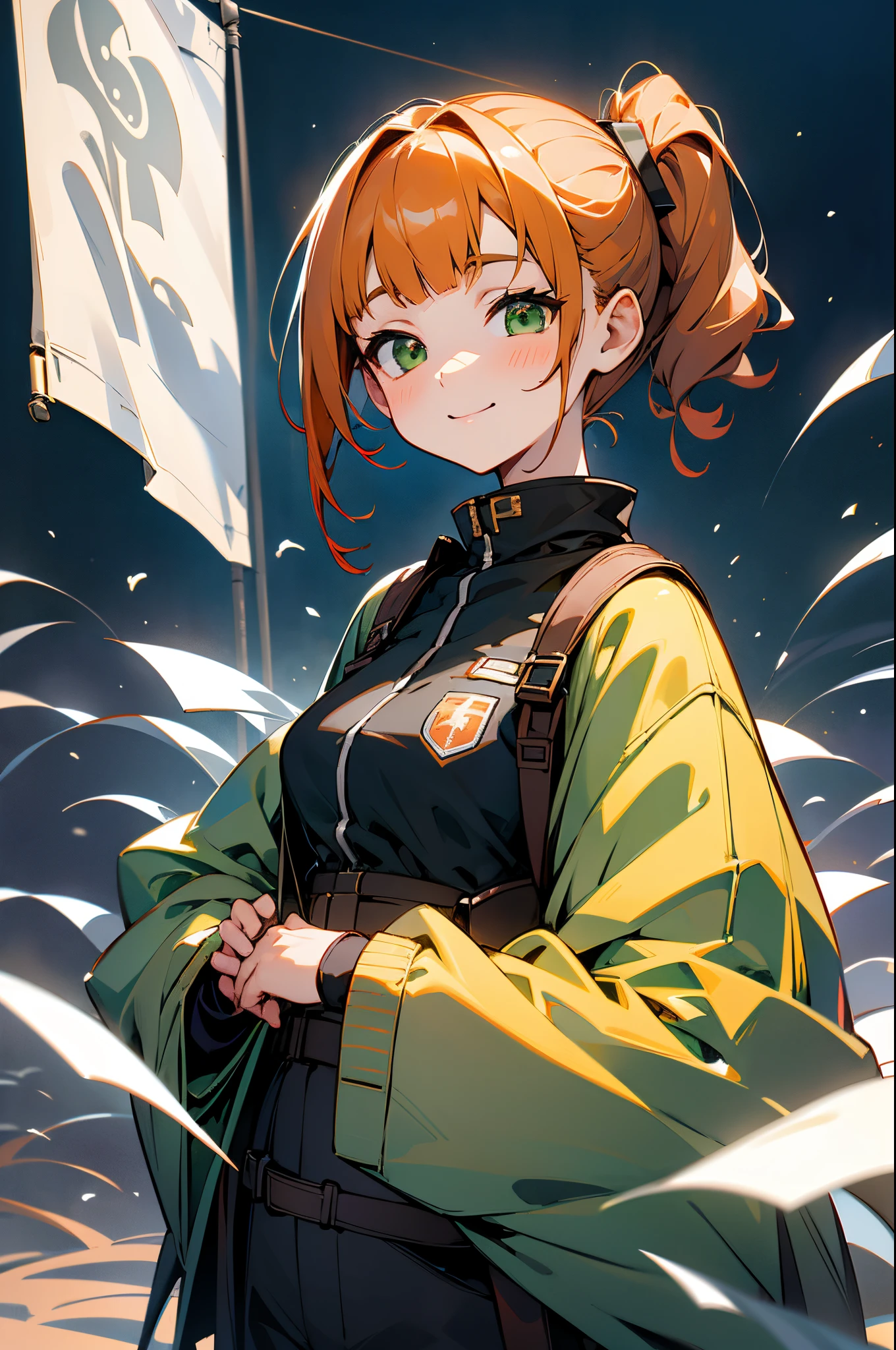 A futuristic world,a perfect illustration of artifical intelliengence,After 5143, 8K, Extremely detailed , flawless，hyperdetailed face，16-year-old girl，Eight-headed body，Orange hair、large round green eyes、Side Ponytail、small tits，Bitgirl，Background of the near future，During night combat，Smile，Dress Type，Wear a khaki troop jacket,Japan representative jacket、With flag patch、matrix、blade nana