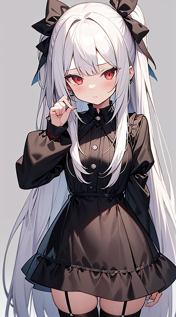 loli, kawaii, hair over shoulder, long hair, white hair, hime_cut, red eyes, small breasts, gothic_lolita, white thighhighs, masterpiece,best quality,official art,extremely detailed CG unity 8k wallpaper, simple_background,