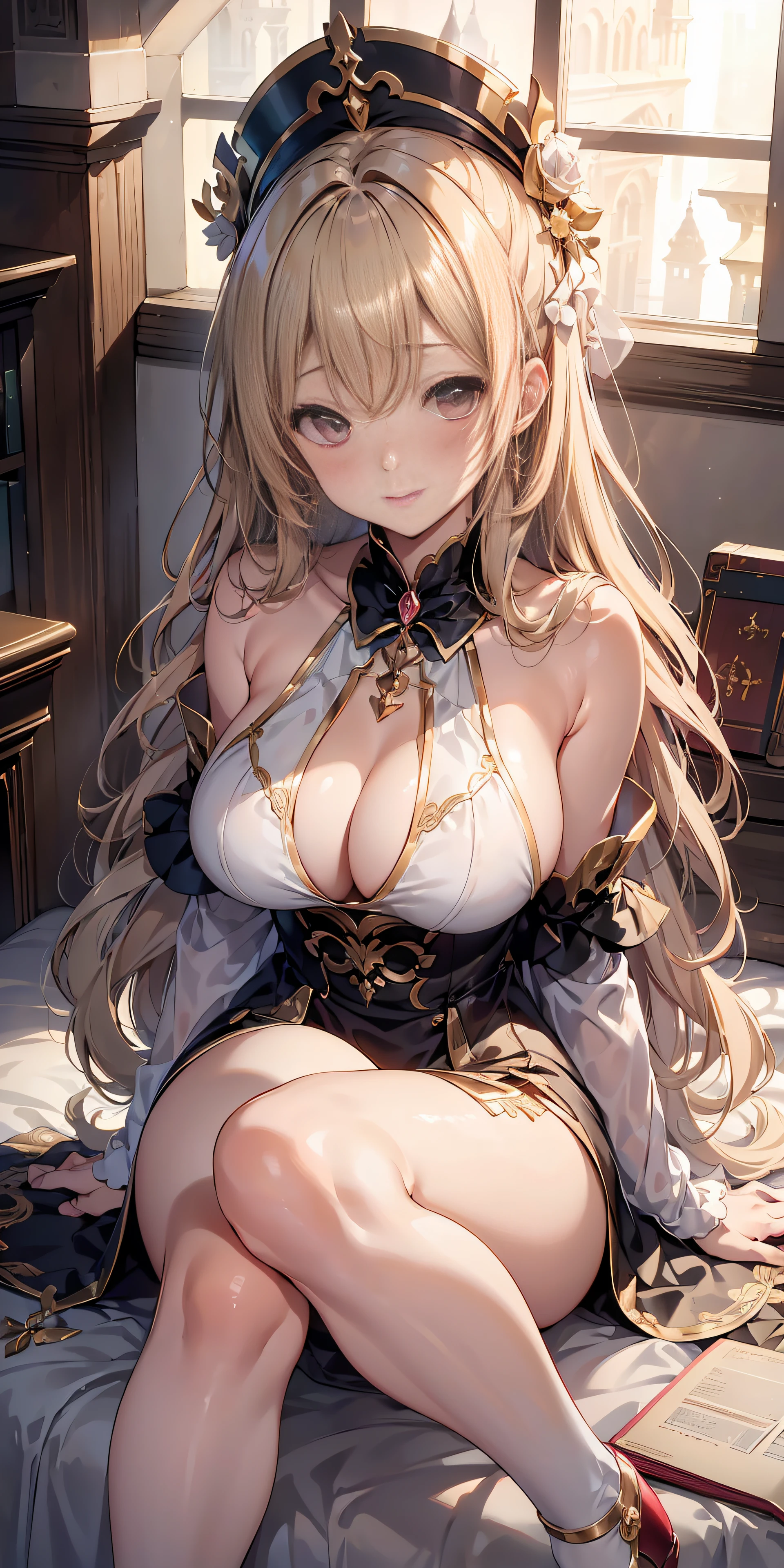 masutepiece, Best Quality,  the Extremely Detailed CG Unity 8K Wallpapers, beauty queen costume, Long dark blonde wavy hair、gorgeous dress、Luxurious hair ornaments、Medium milk,  Puffy nipple、Blushing, Shy laughter, Bare shoulders、sexy hips、high-heels、Luxurious magic wand and book、Church of the castle、sexy  pose、(Sleep in bed)、(((Open knees、open one's legs)))、Sexy yellow lace panties