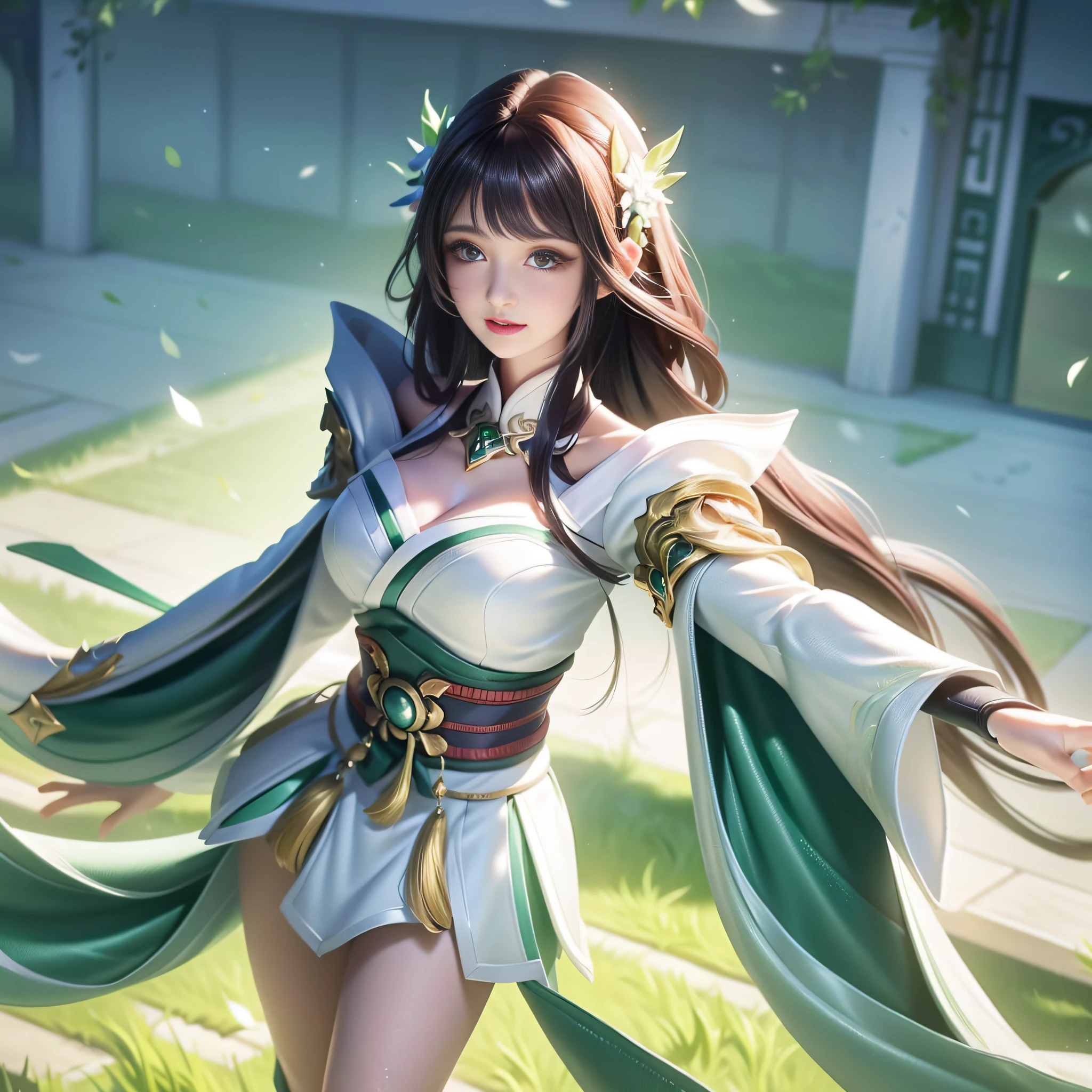 ((Best quality at best)), ((tmasterpiece)), (the detail:1.4), 3D, Beautiful images of ancient Chinese women,eyes looking at the lens、（Long white hair）green and white robe、（green and white uniform）、Nice face、Gold pattern,sub surface scattering、Half body fighting pose、PBR textures、post-proces、Anisotropy Filtering、depth of fields、((with a pure white background))、maximum definition and sharpness、Many-Layer Textures、Albedo e mapas Speculares、Surface Coloring、Accurately simulate the interaction of light with materials、perfectly proportions、Octagonal rendering、Dichroic light、largeaperture、Low ISO、White balance、the rule of thirds、8K original