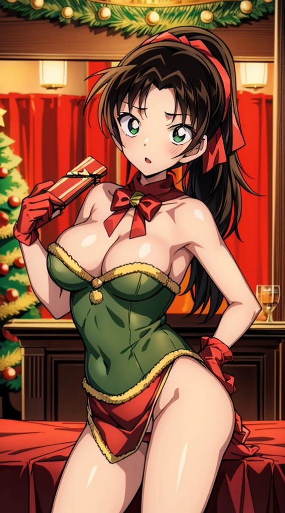 masterpiece, best quality, 1 solo girl, black hair, green eyes, long hair, wavy hair, ponytails, Christmas ornaments, medium breasts, mature body and face, red santa dress, christmas, christmas light, christmas tree, red gloves, red santa skirt, holding gift, red bra, red panty, leg up, cowboy shots, sexy pose, dakimakura, detailed body, face, and eyes, sharp focus, vibrant, creative, dynamic, high definition, high resolution, 8k, (Upscale: R-ESRGAN 4x+ Anime6B), (Image enchance:4x), voluptuous body