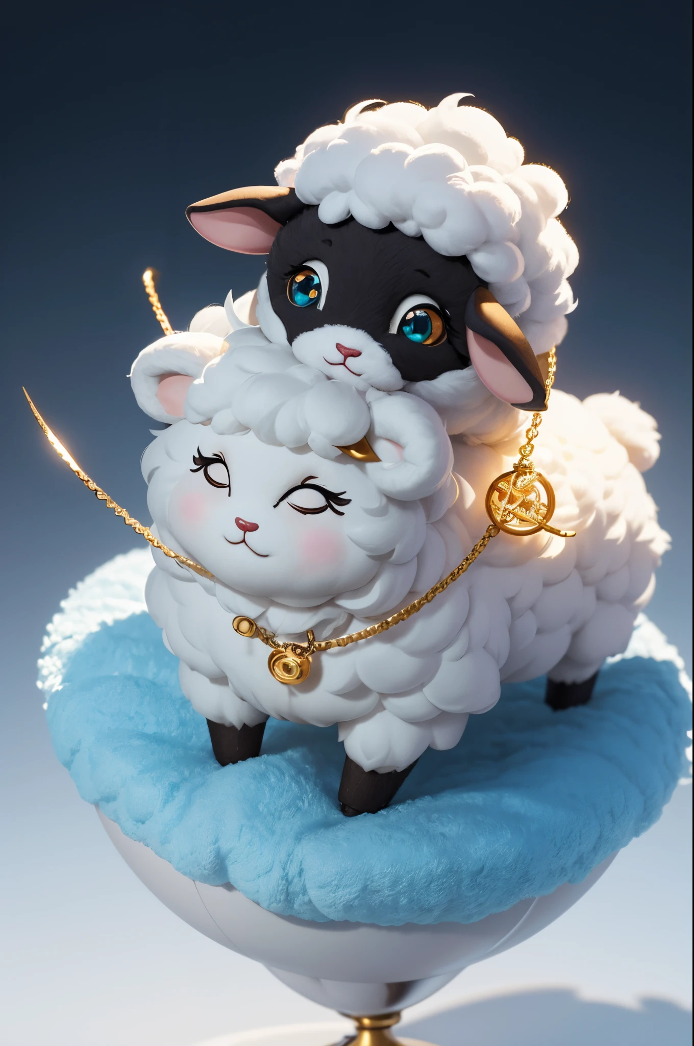 8K,Cute little surreal sheep with golden eyes wary necklace、Chibi、Adorable and fluffy、Logo Design、comic strip、cinematic lighting effect、A charming、3D Vector Art、Cute and quirky、Fantasyart、bokeh dof、handdraw、digitial painting、Soft lighting、Isometric style、4K resolution、photo realistic render、Highly detailed clean、Vector image、A photorealistic masterpiece、professional photograpy、Simple space background、Flat white background、 isometry、vivid vector