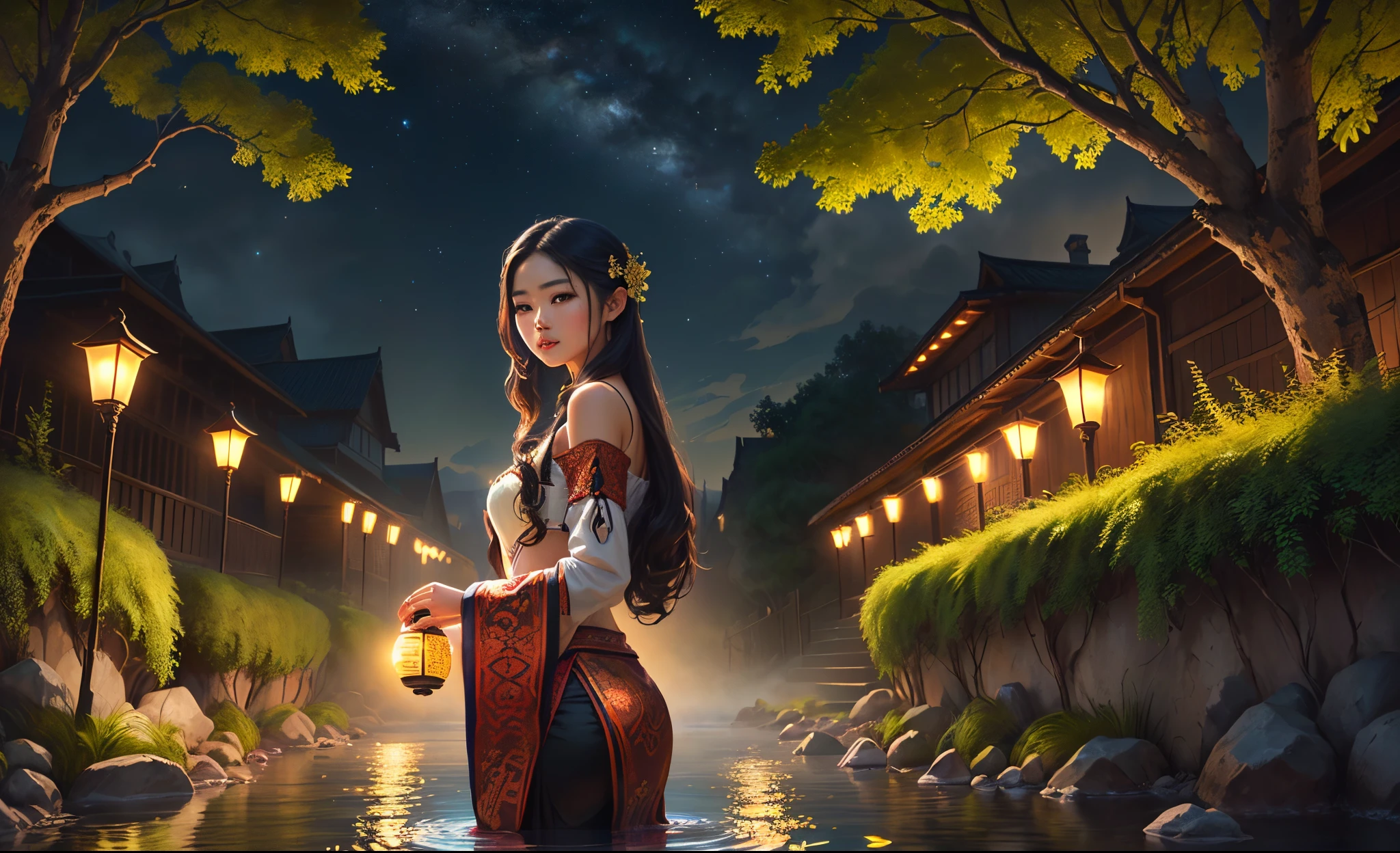 Ancient Thai architecture, garden, firefly lantern, bamboo, lake, stone bridge, ornamental stone, arch, corner, ornamental stone, tree, flowing water, landscape, outdoor, waterfall, meadow, stone, lotus flower, stream, lotus flower, moon, night view, hot spring , Ai, a beautiful Thai woman wearing traditional Thai clothing., (illustration: 1.0), grand element, Realistic lighting, high-definition details, master-piece, beste-Qualit, (A collection of 8k CG wallpapers that are very detailed.), (beste-Qualit)