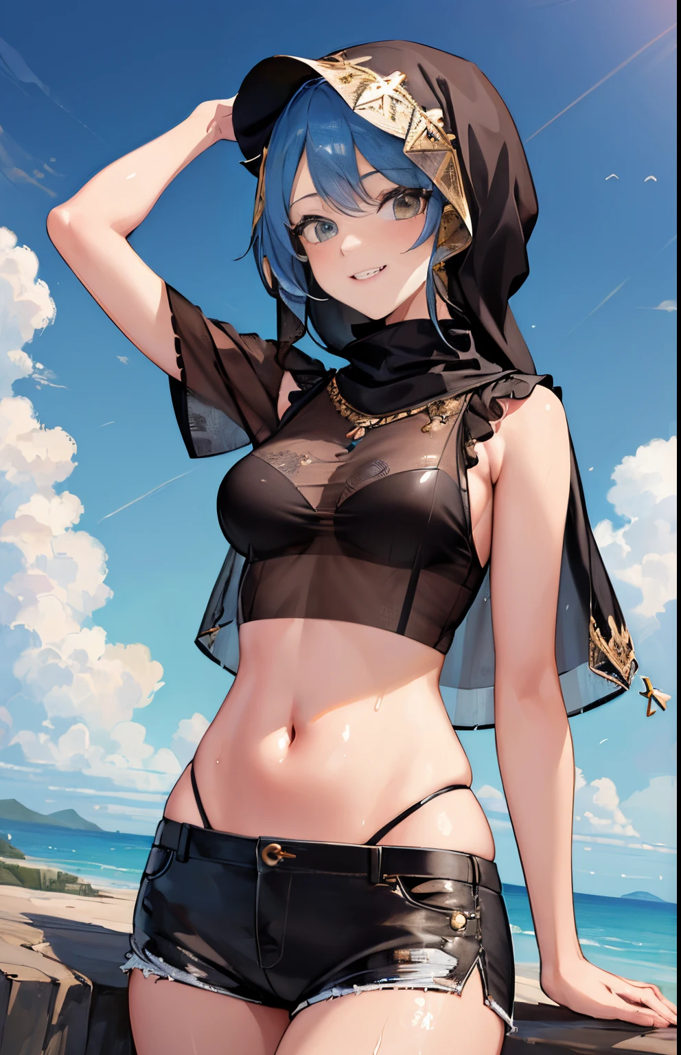masterpiece, best quality, ultra-detailed, illustration, 1girl, ((looking at viewer)), (cowboy shot), smile,hijabi,
Soaking Wet Clothes And Hair, See-Through Tank Top, Navel, Short Pants, Looking Up The Sky, Brilliant Colorful Paintings