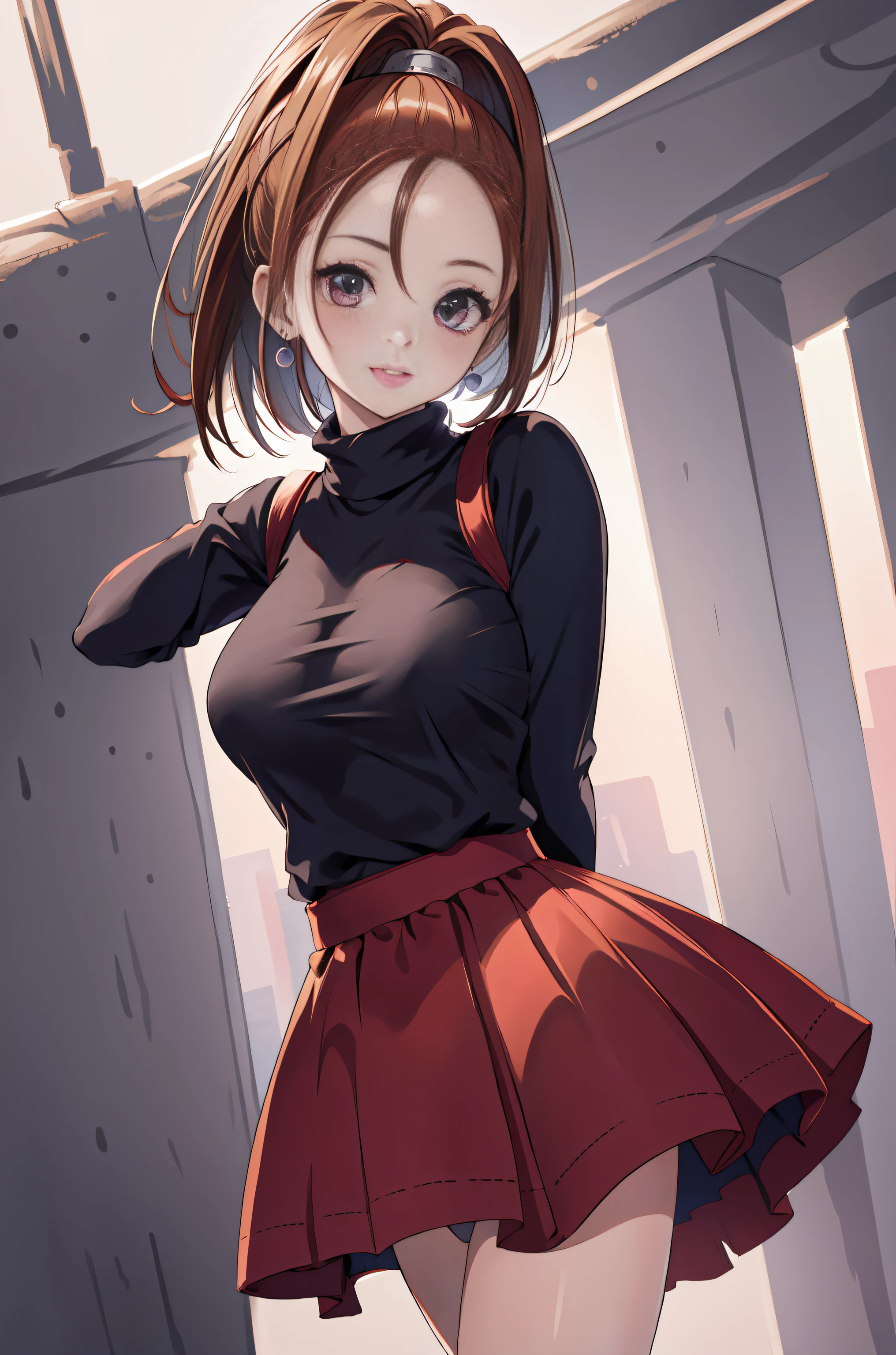 DQ6 Barbara,High Ponytail,Dress,Large breasts、(Best Quality, masutepiece, Raw photo,Ultra-detailed:1.2), 1girl in,Solo,Looking at Viewer,Smile、turtleneck knit flare skirt、Sexy pink panties、Skirt flips in the wind、Pose with emphasis on the buttocks、Shy laughter、Kamimei、Puffy nipple、Chest Emphasis Pose