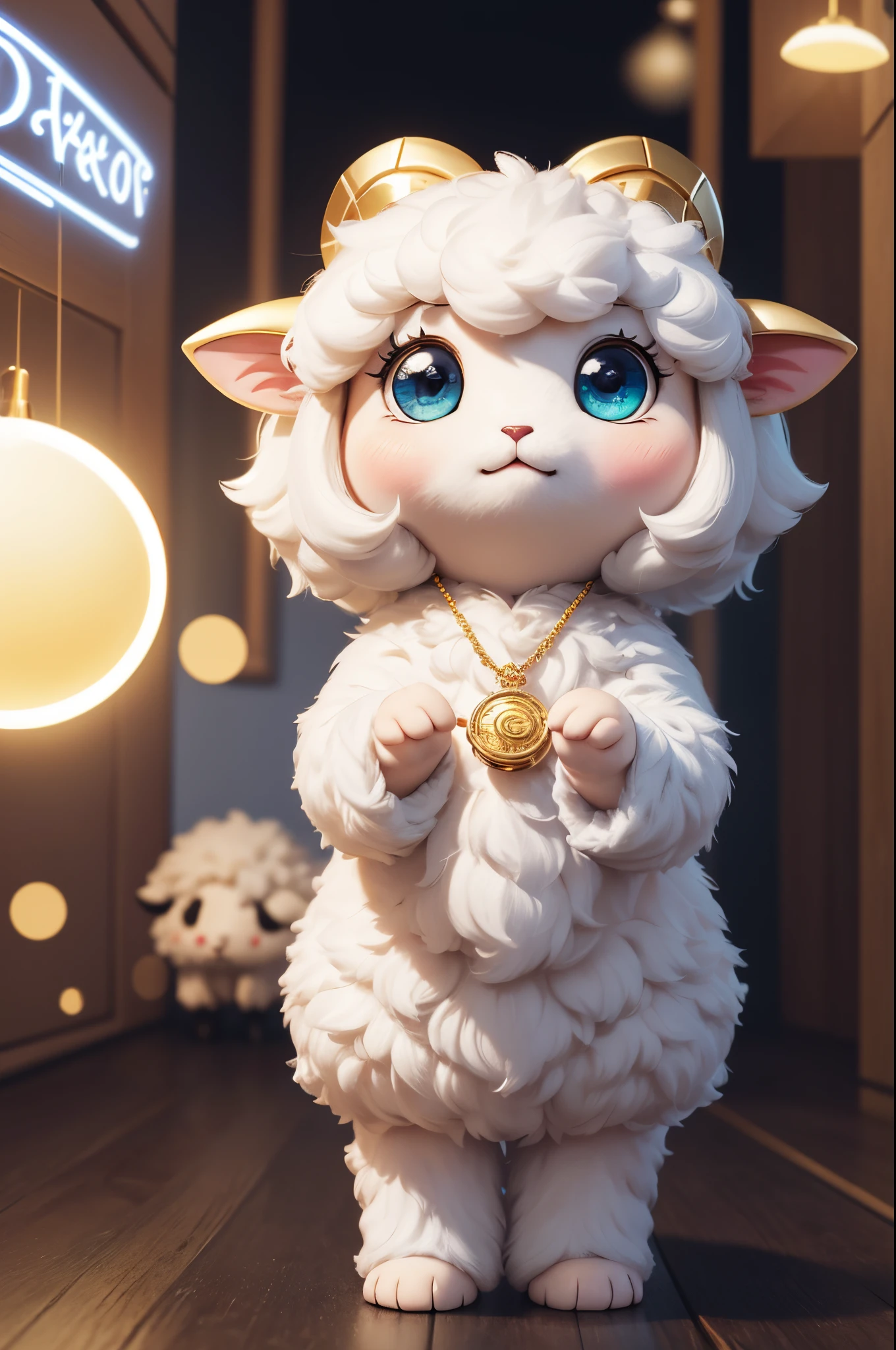 8K,Cute little surreal sheep with golden eyes wary necklace、Chibi、Adorable and fluffy、Logo Design、comic strip、cinematic lighting effect、A charming、3D Vector Art、Cute and quirky、Fantasyart、bokeh dof、handdraw、digitial painting、Soft lighting、Isometric style、4K resolution、photo realistic render、Highly detailed clean、Vector image、A photorealistic masterpiece、professional photograpy、Simple space background、Flat white background、 isometry、vivid vector,Stand on both feet,