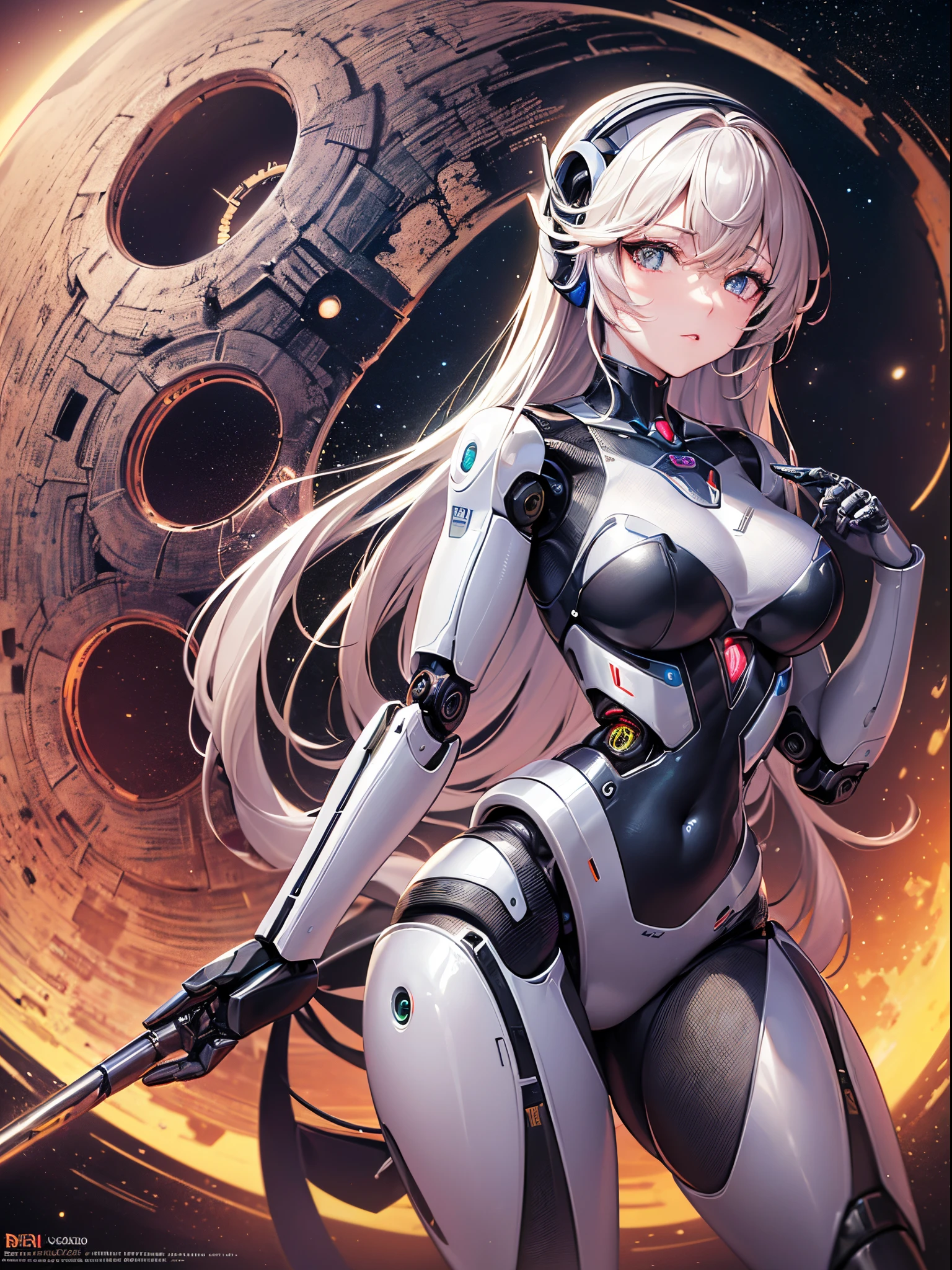 (Finest quality)),(超A high resolution),(ultra-detailliert),(Meticulous portrayal),((best pictures)),(Finest works of art),Ultra-Precision Art,The art of astounding depiction,a science fiction film,Sci-Fi Art, (One female robot:1.5),(intensely glowing core),thruster booster, cosmic space