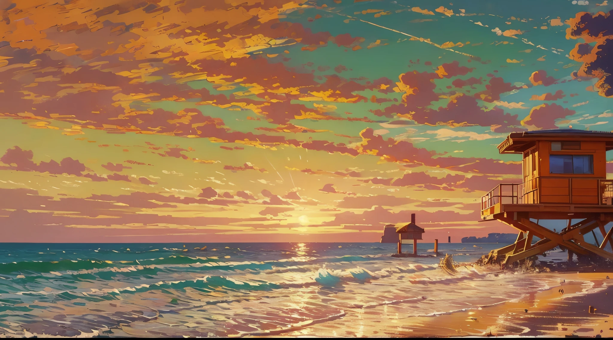 masterpiece, concept art, wide shot, a painting of a lifeguard tower on a beach, by Alena Aenami, cgsociety, american scene painting, cinemascope panorama, coloured woodcut, southern california, vice city, la, anime keyframe, art print, view(full body + zoomed out), symmetrical framing, volumetric lighting, vibrant color, (epic composition, epic proportion), HD