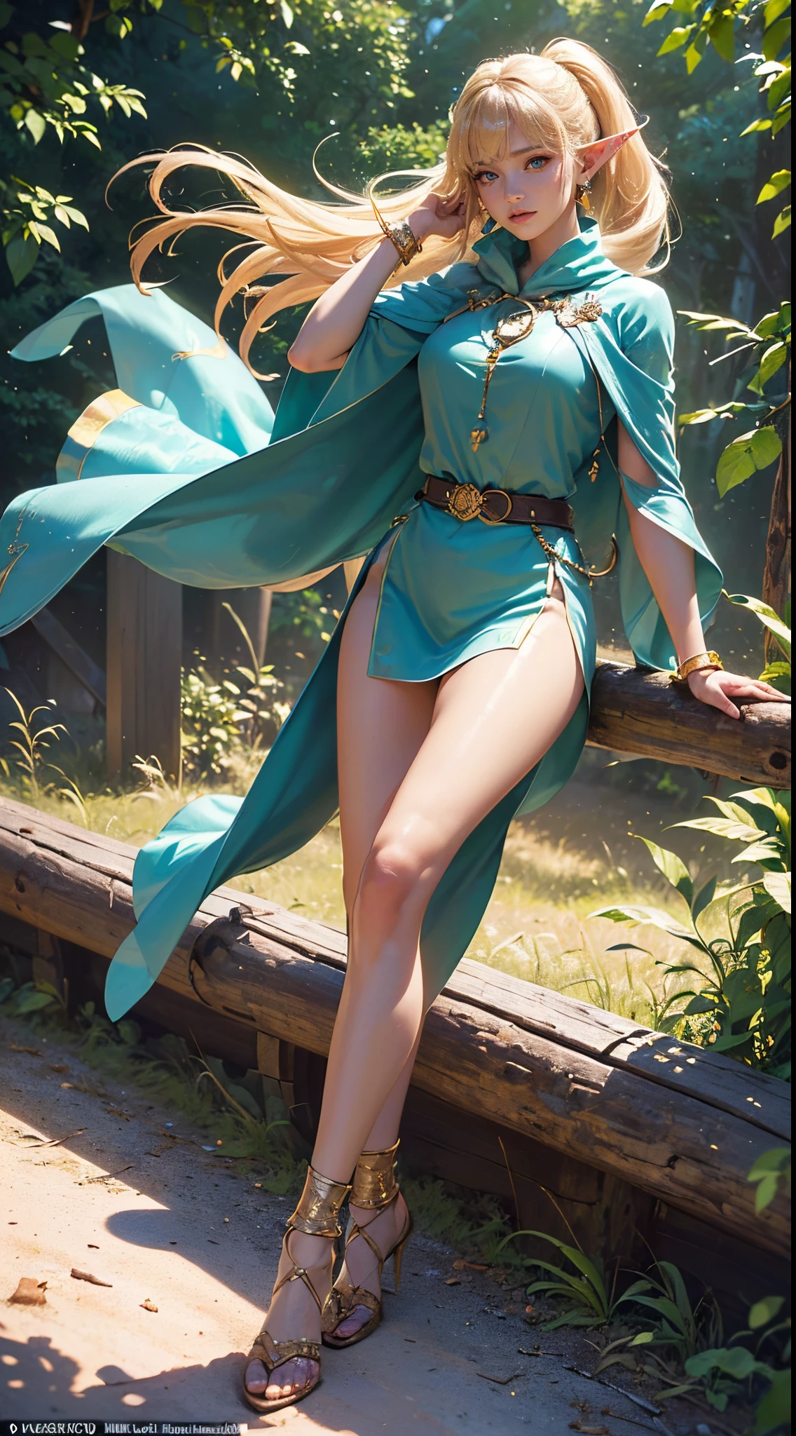 Ranger elf, blonde, 1 girl, medieval costume, best quality, 8k, wallpaper, hyper detailed, hyper realistic, short skirt, skirt lifted, stall panties, green robe, panties appearing, realistic, D&D, sitting, cameltoe, pantyshot, open legs, legs apart, upskirt, RAW,
