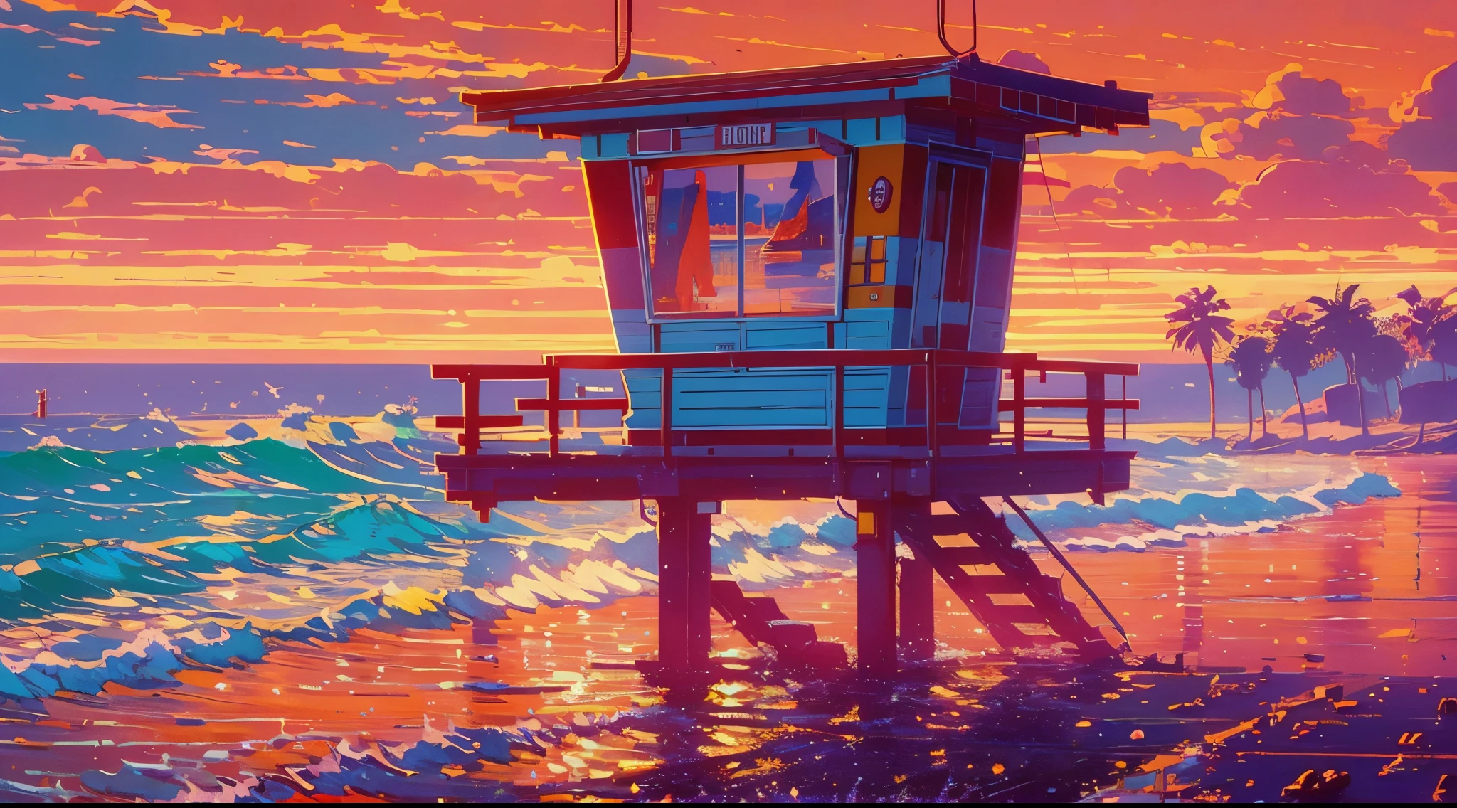 masterpiece, concept art, wide shot, a painting of a lifeguard tower on a beach, by Alena Aenami, cgsociety, american scene painting, cinemascope panorama, coloured woodcut, southern california, vice city, la, anime keyframe, art print, view(full body + zoomed out), symmetrical framing, volumetric lighting, vibrant color, (epic composition, epic proportion), HD