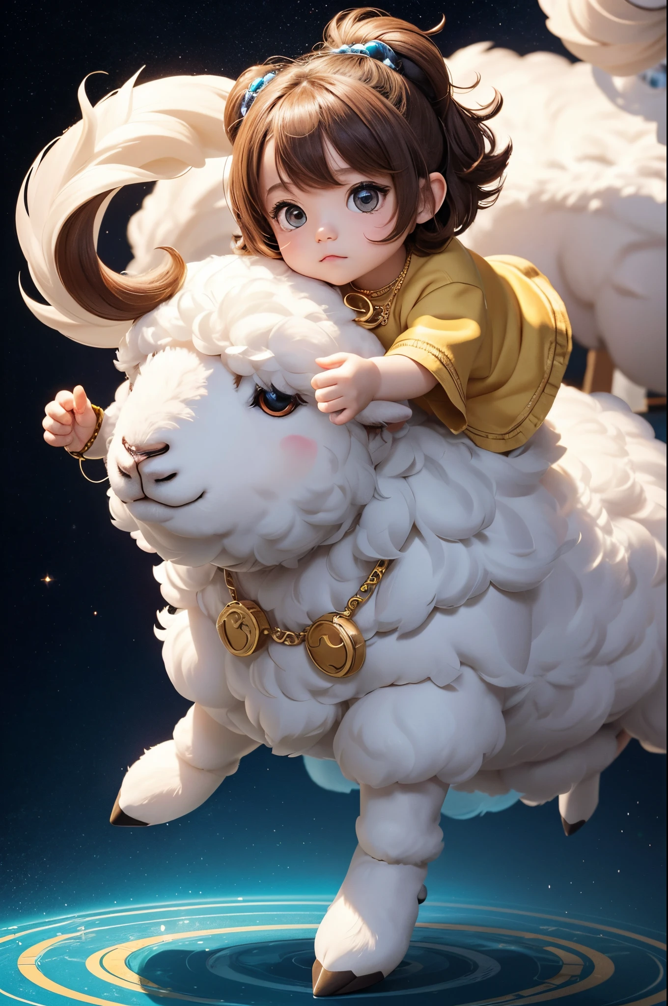8K,Cute little surreal male sheep with golden eyes wary necklace、Chibi、male child,Adorable and fluffy、Logo Design、comic strip、cinematic lighting effect、A charming、3D Vector Art、Cute and quirky、Fantasyart、bokeh dof、handdraw、digitial painting、Soft lighting、Isometric style、4K resolution、photo realistic render、Highly detailed clean、Vector image、A photorealistic masterpiece、professional photograpy、Simple space background、Flat white background、 isometry、vivid vector,Stand on both feet,