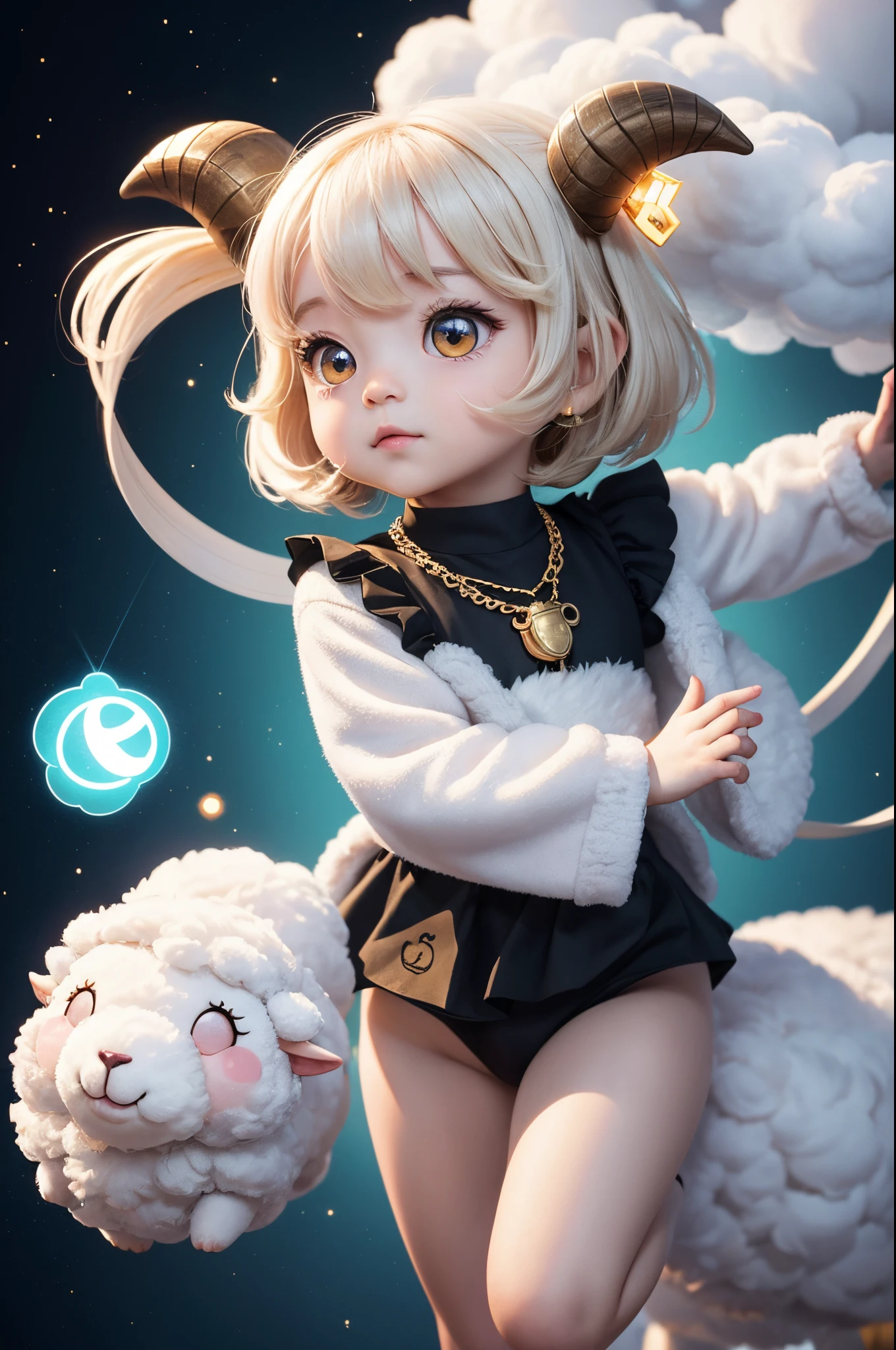 8K,Cute little surreal sheep with golden eyes wary necklace、Chibi、Adorable and fluffy、Logo Design、comic strip、cinematic lighting effect、A charming、3D Vector Art、Cute and quirky、Fantasyart、bokeh dof、handdraw、digitial painting、Soft lighting、Isometric style、4K resolution、photo realistic render、Highly detailed clean、Vector image、A photorealistic masterpiece、professional photograpy、Simple space background、Flat white background、 isometry、vivid vector