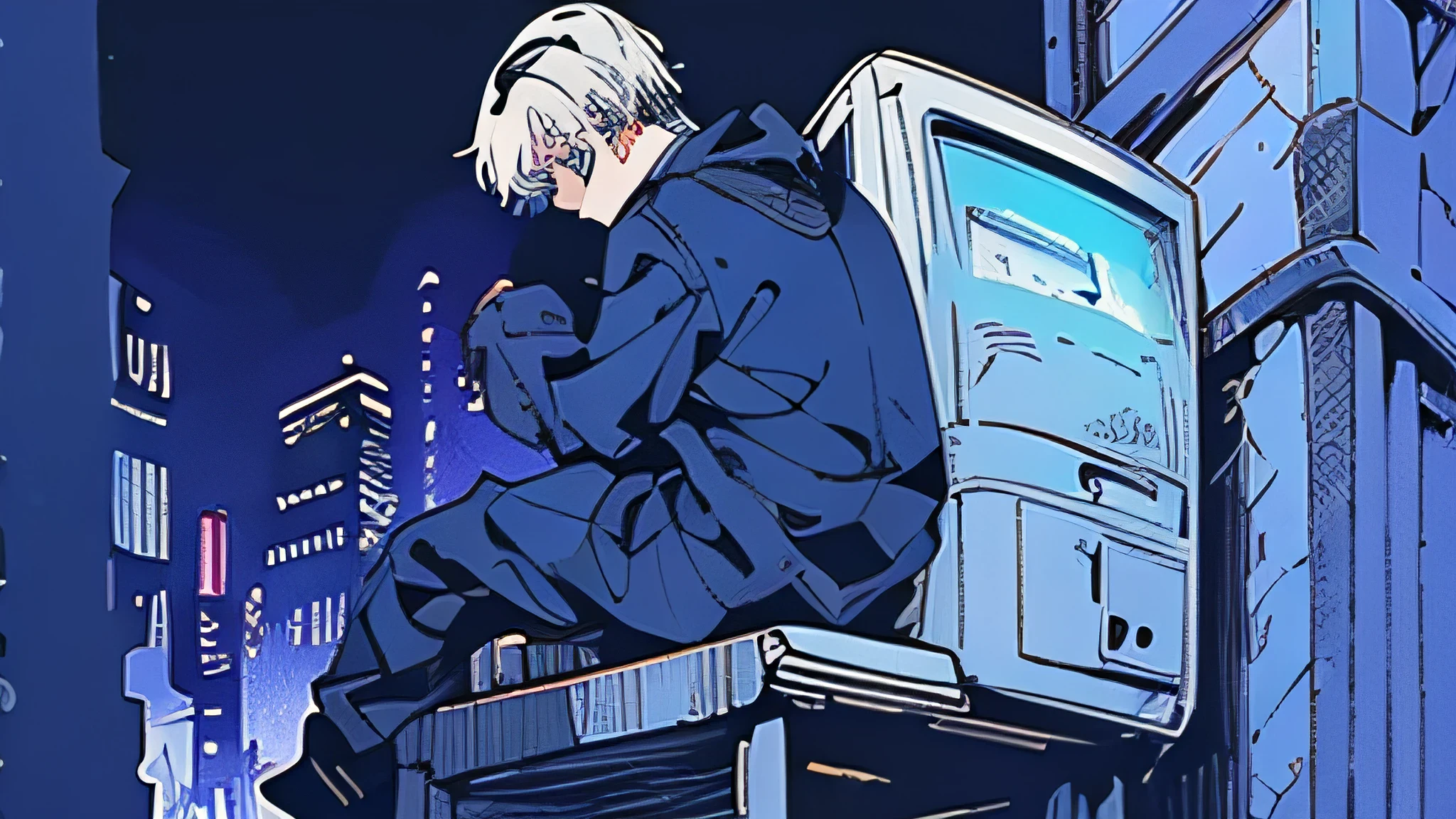 ultra-detailed, masterpiece, best quality, A boy sitting on a vending machine with a black sheet over his head, ,murky, White hair ,Blue eyes, (((darkness))), full body, Back alley