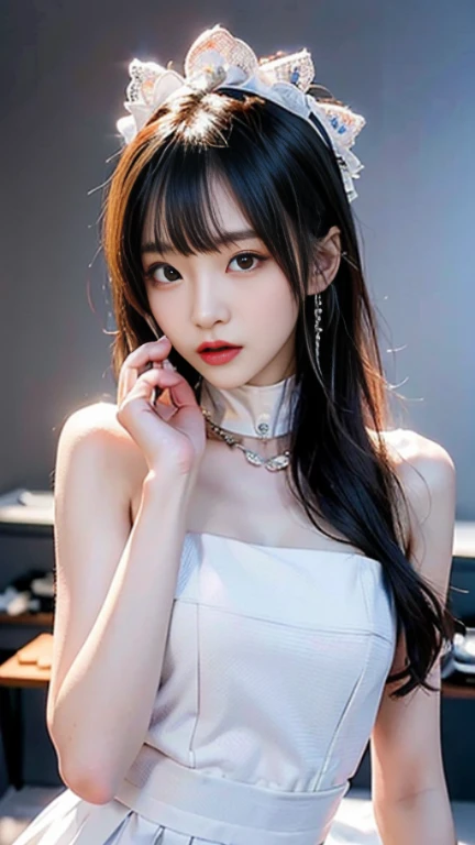 Slender Asian girl, Kpop Idol, ((Maid Uniform)), ((of the highest quality, 8K, masutepiece: 1.3)), Crisp focus: 1.2, Beautiful woman with perfect figure: 1.4, Highly detailed face and skin texture, Detailed eyes, ((skinny)), Beautiful face, Symmetrical face, full-length, Sexy, Naked